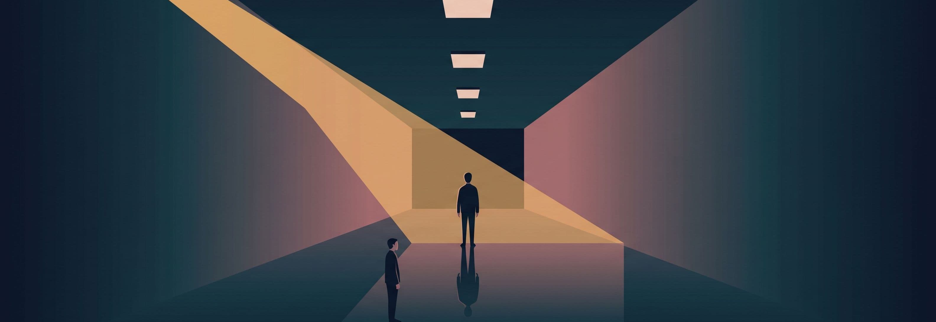 A figure in a corridor. Its reflection below faces a different direction than the body above.