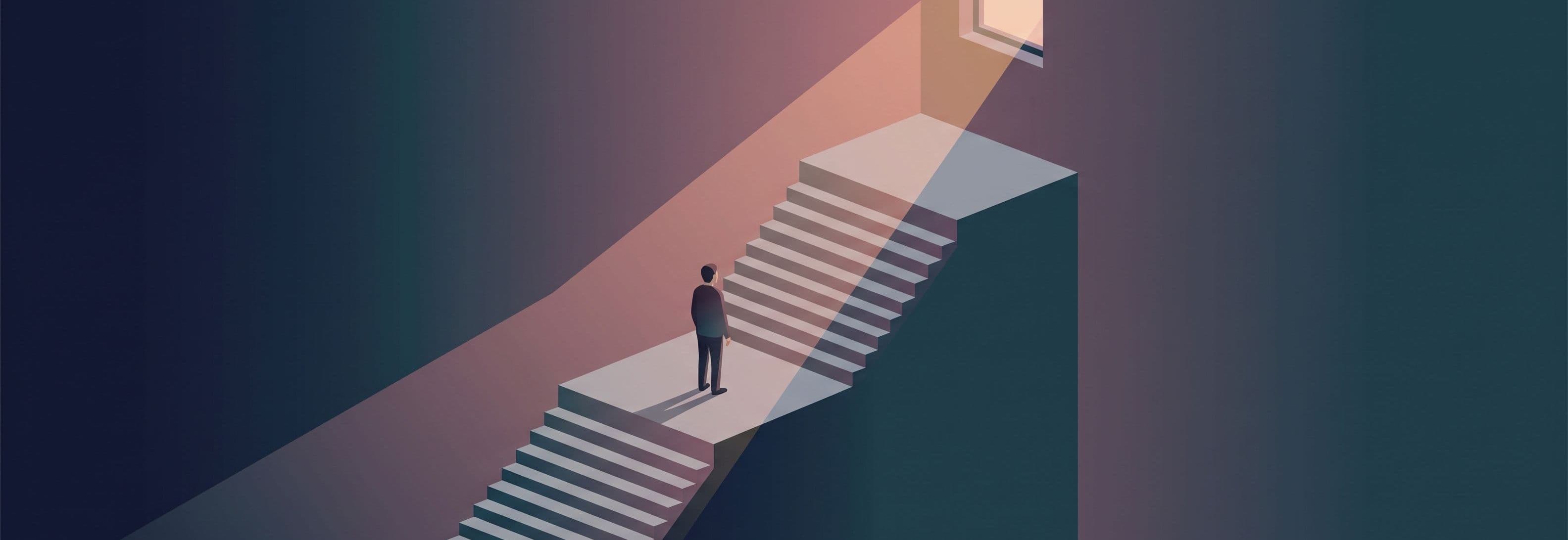 A solitary figure on the middle of three identical concrete landings in an empty stairwell. The wall above and below shows no