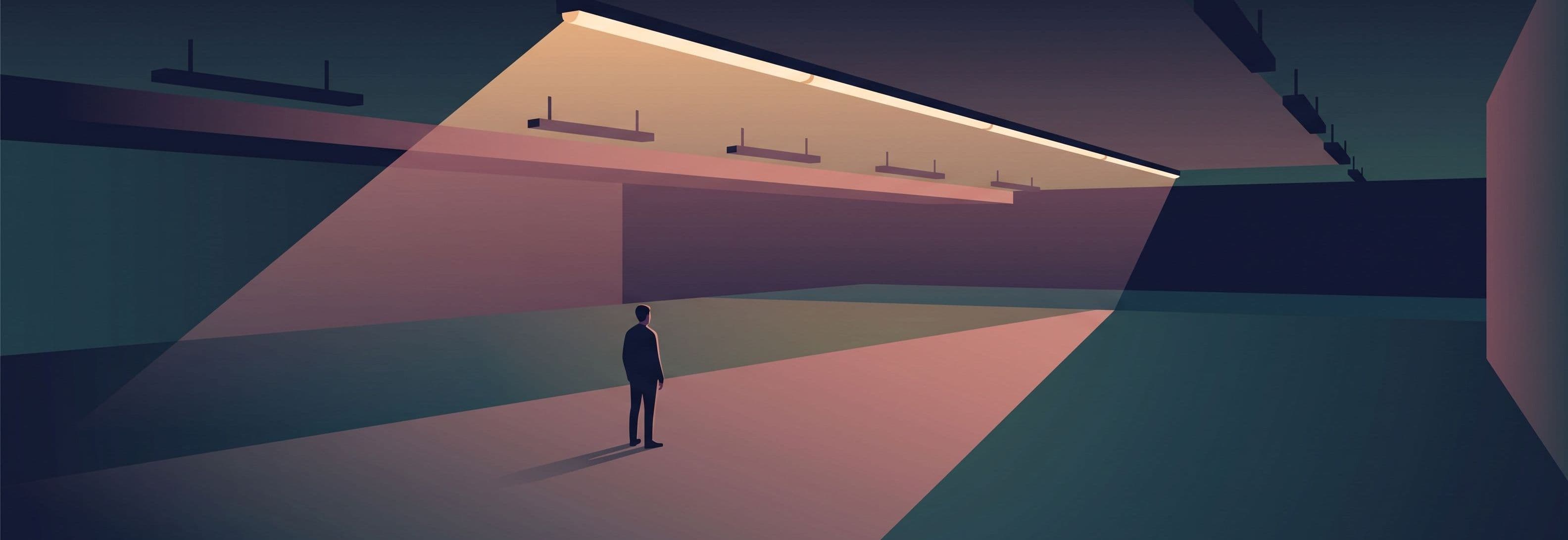 Solitary figure in empty concrete car park beneath one functioning strip light; empty fixture mounts visible overhead in a
