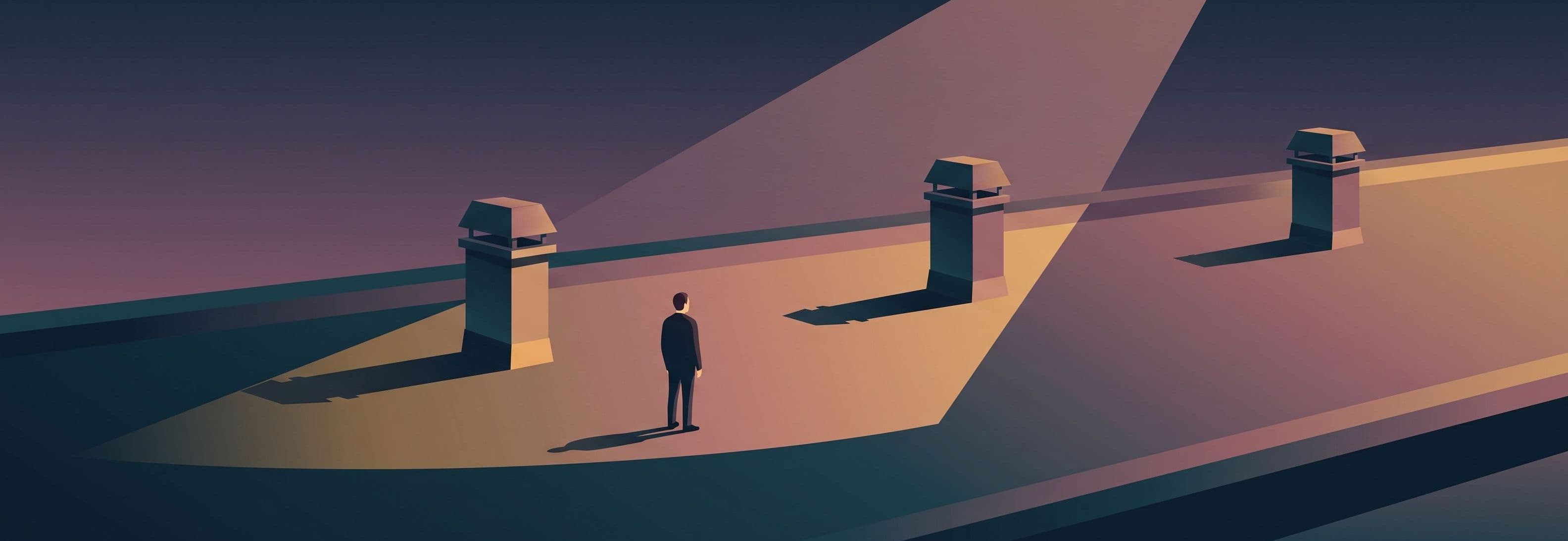 Lone figure on a rooftop at dusk. Three identical stacks cast shadows in different directions from a single sunset. One casts