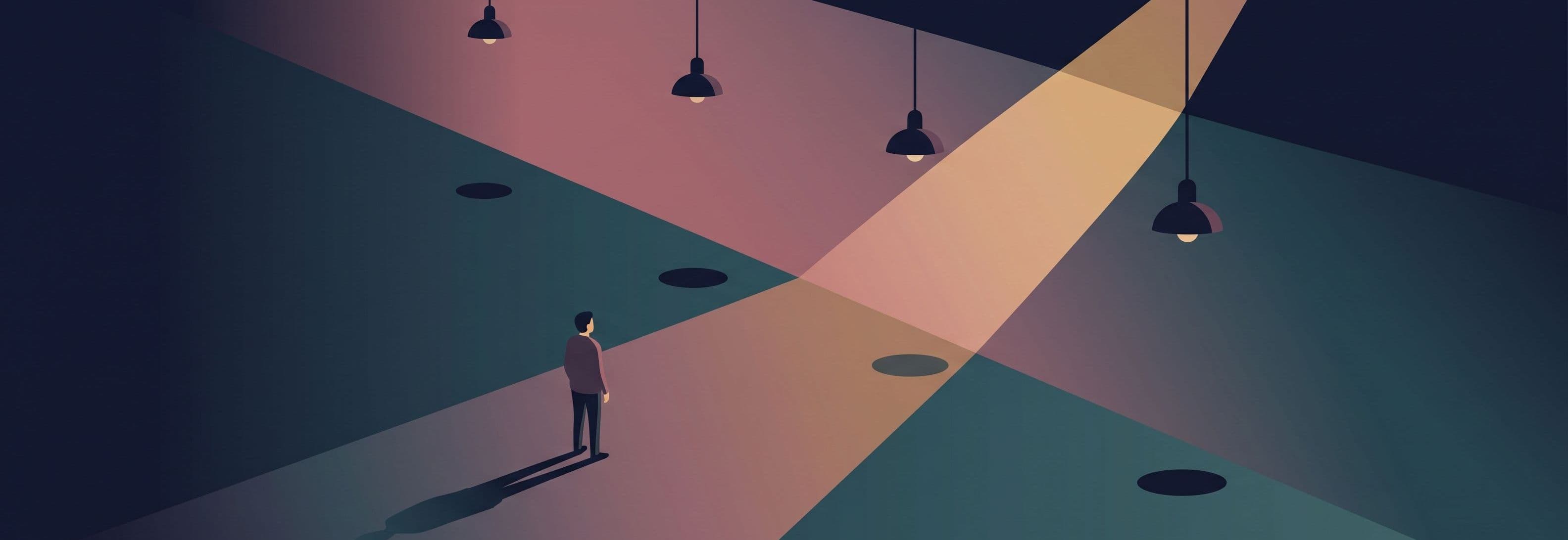 Figure in empty corridor beneath four suspended ceiling lights whose shadows fall as if the fixtures were still on the