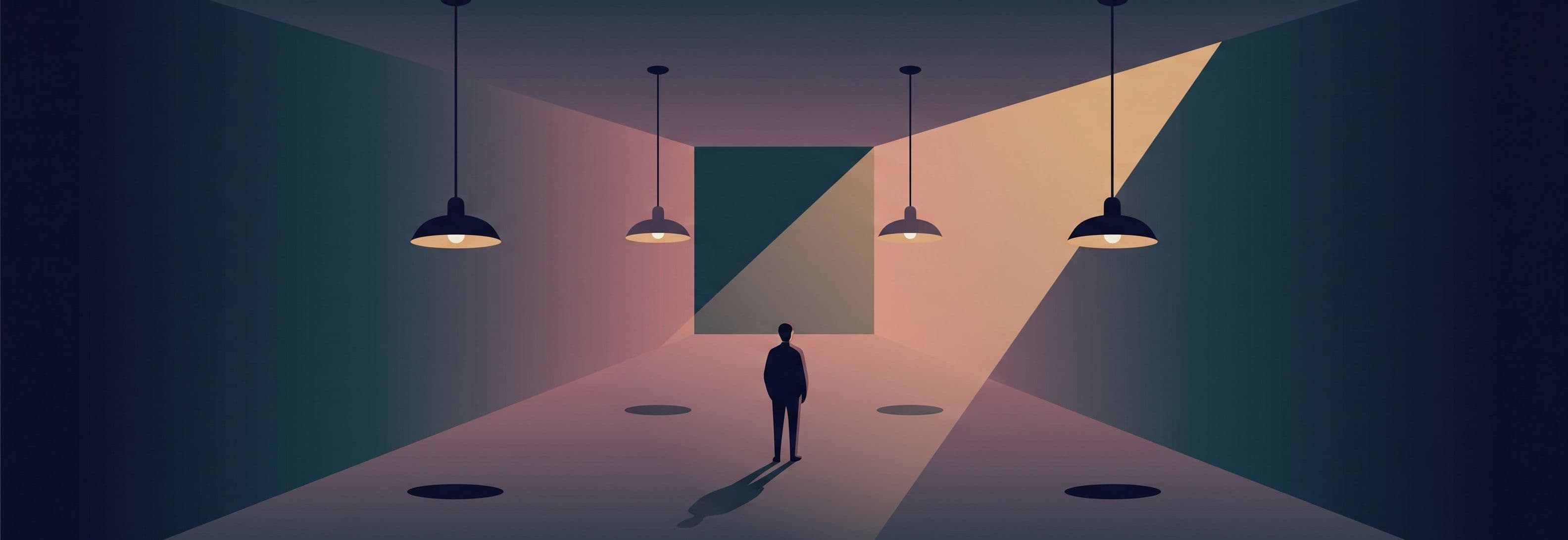 Figure stands in empty corridor. Four identical ceiling lights float above their own shadows on the floor below.