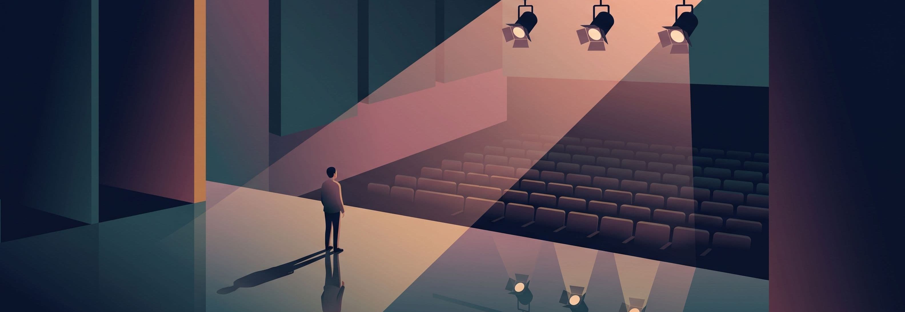 Lone figure on theatre stage beneath three identical lights. Its reflection in the polished floor faces the opposite