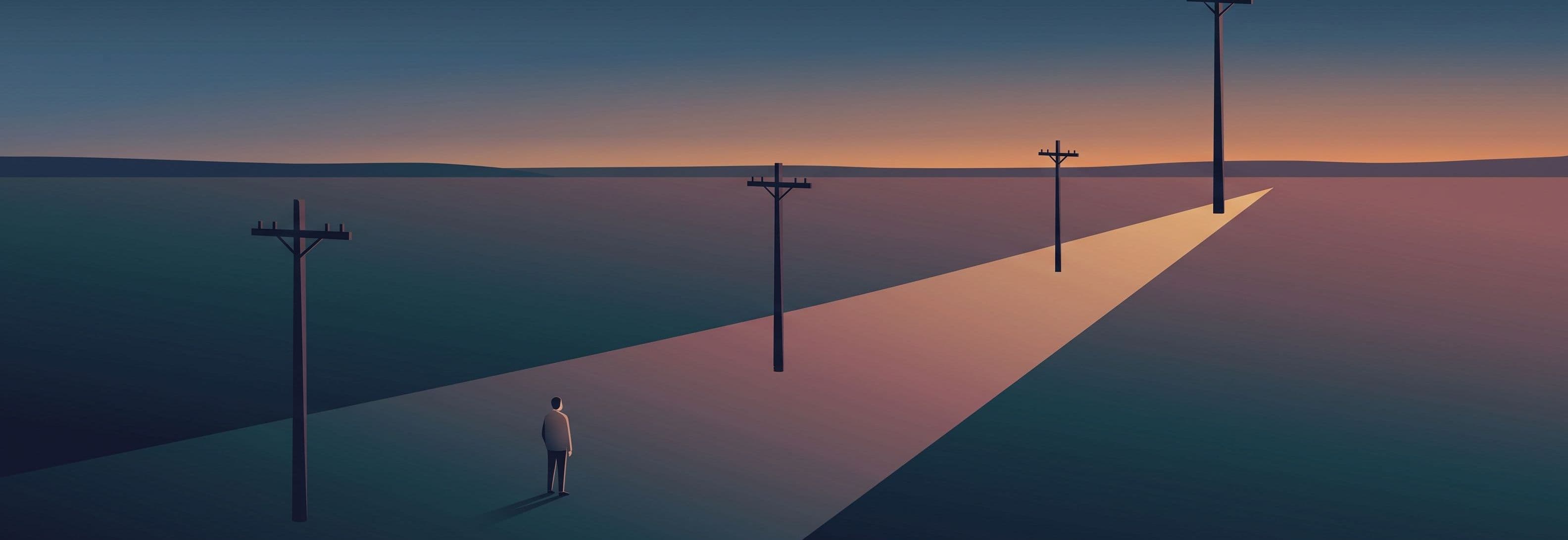 Solitary figure in a field at dusk facing four telegraph poles. Three are normal size. The farthest one towers impossibly
