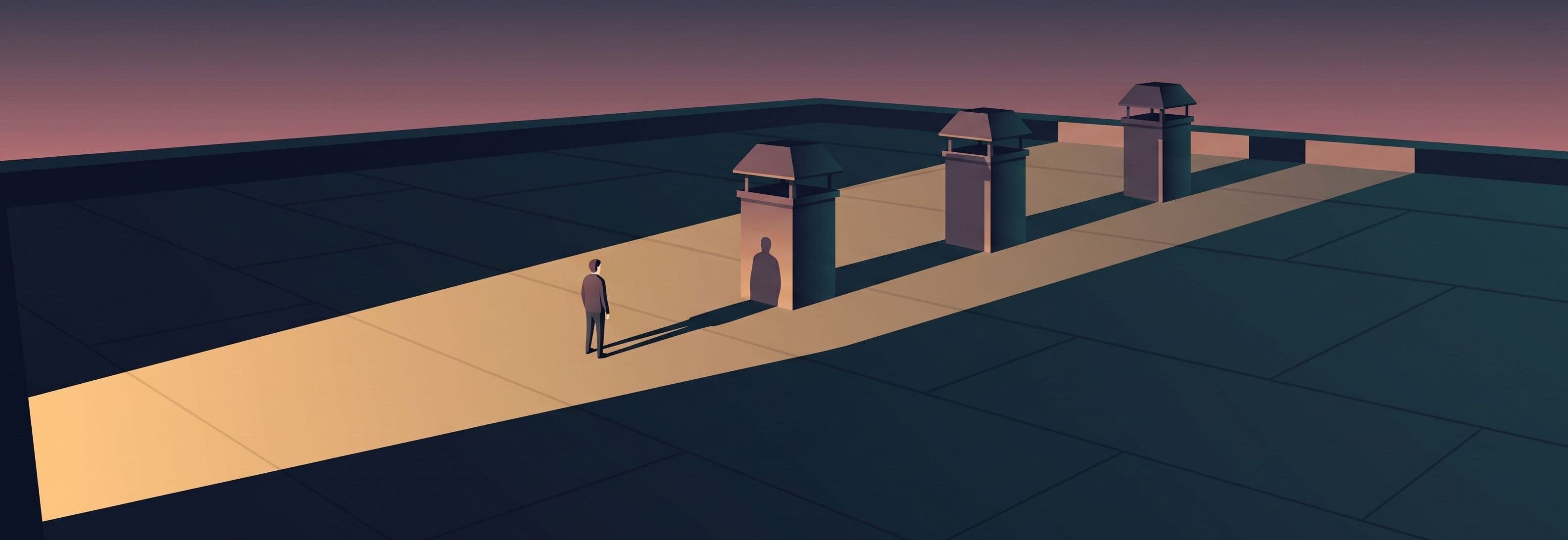 Figure on rooftop at dusk. Three identical stacks. Shadow passes through all three as if they were not there.