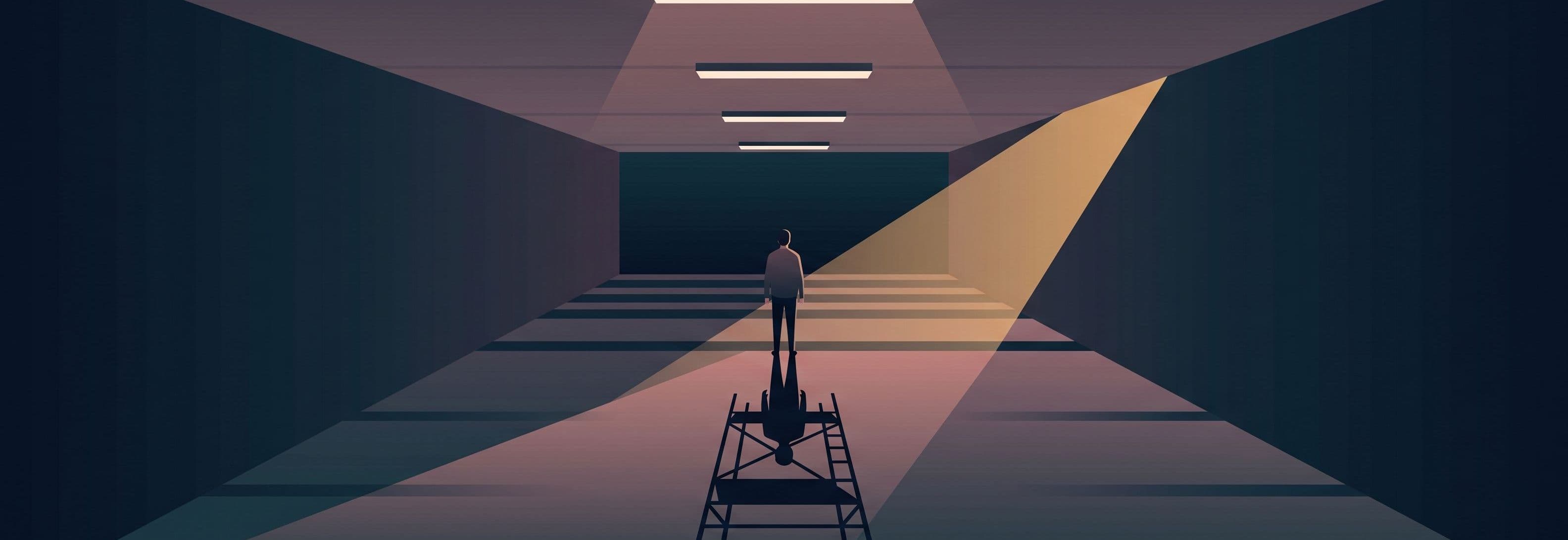 A lone figure in an empty concrete underground space beneath four identical lights casts the shadow of a building, not a