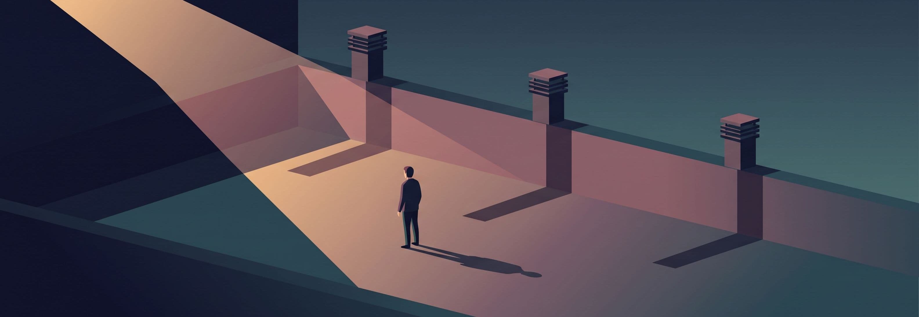 Rooftop at dusk. Three ventilation stacks cast shadows that pass through a solid parapet wall and continue into the empty sky