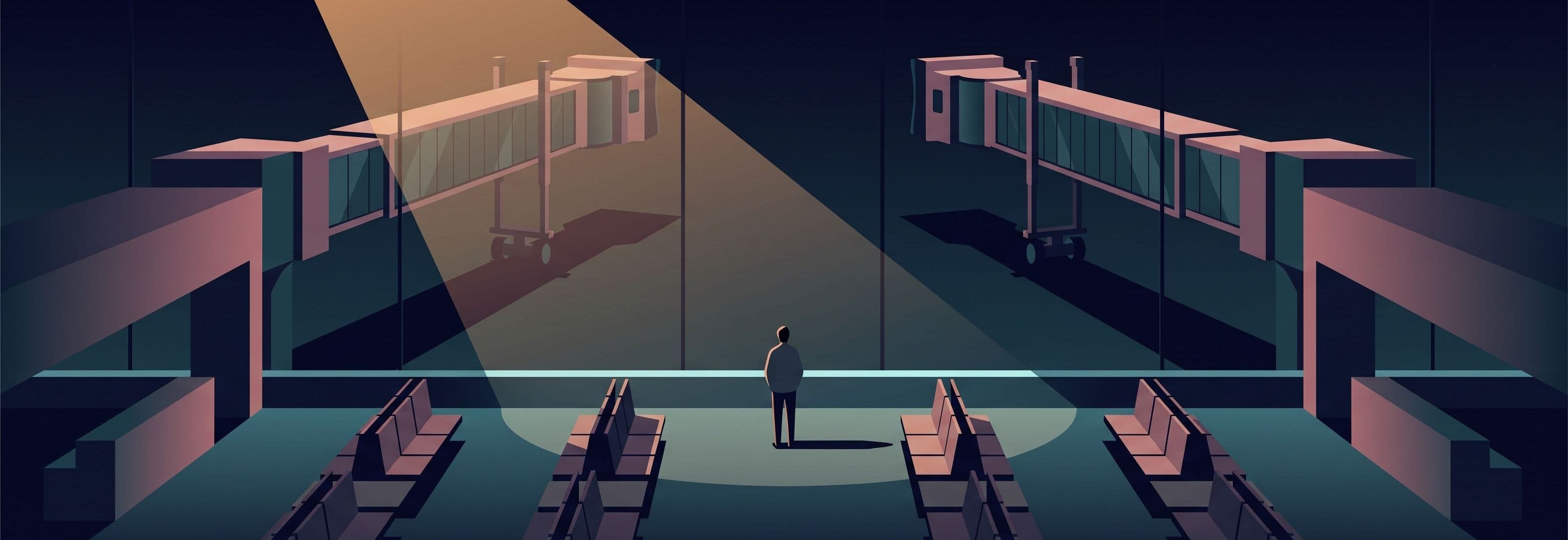A solitary figure faces a dark glass wall in an empty airport lounge at night. Two identical jet bridges float above the