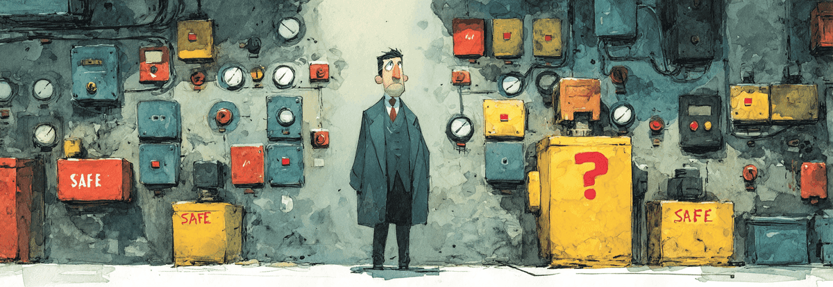 Board member at control panel watching safe metrics while invisible AI output accumulates unseen behind them.