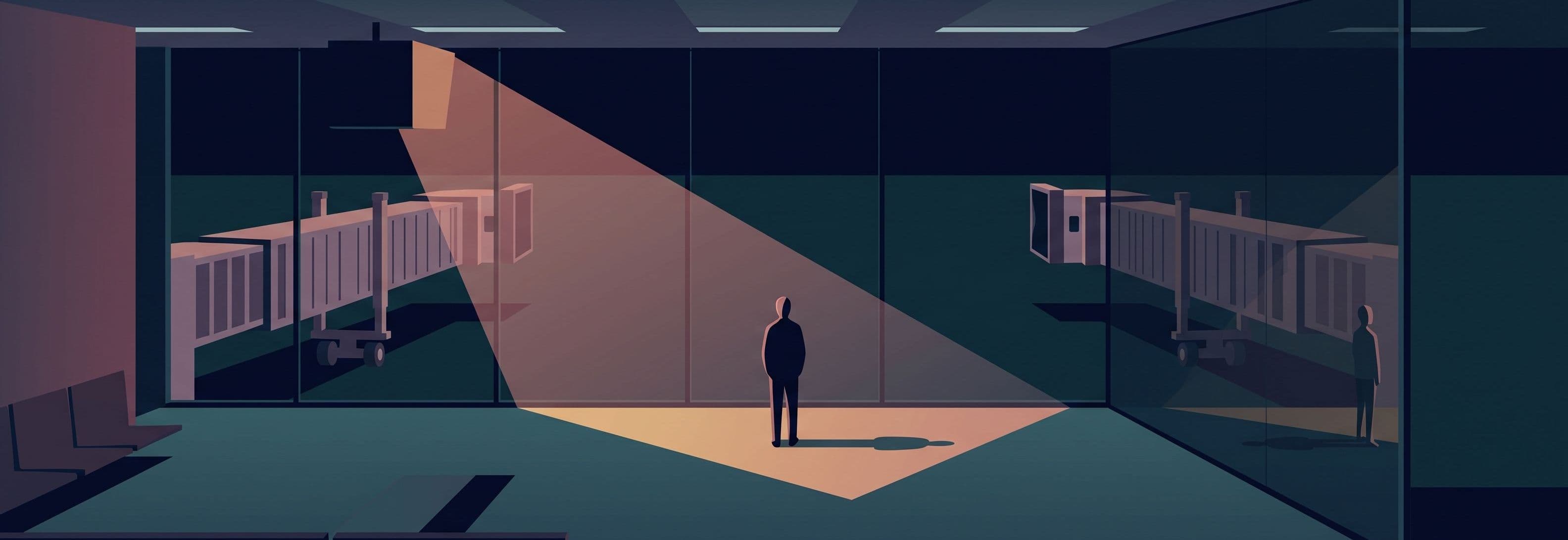 Figure in empty airport lounge faces two identical jet bridges through dark glass; its reflection stands at an impossible