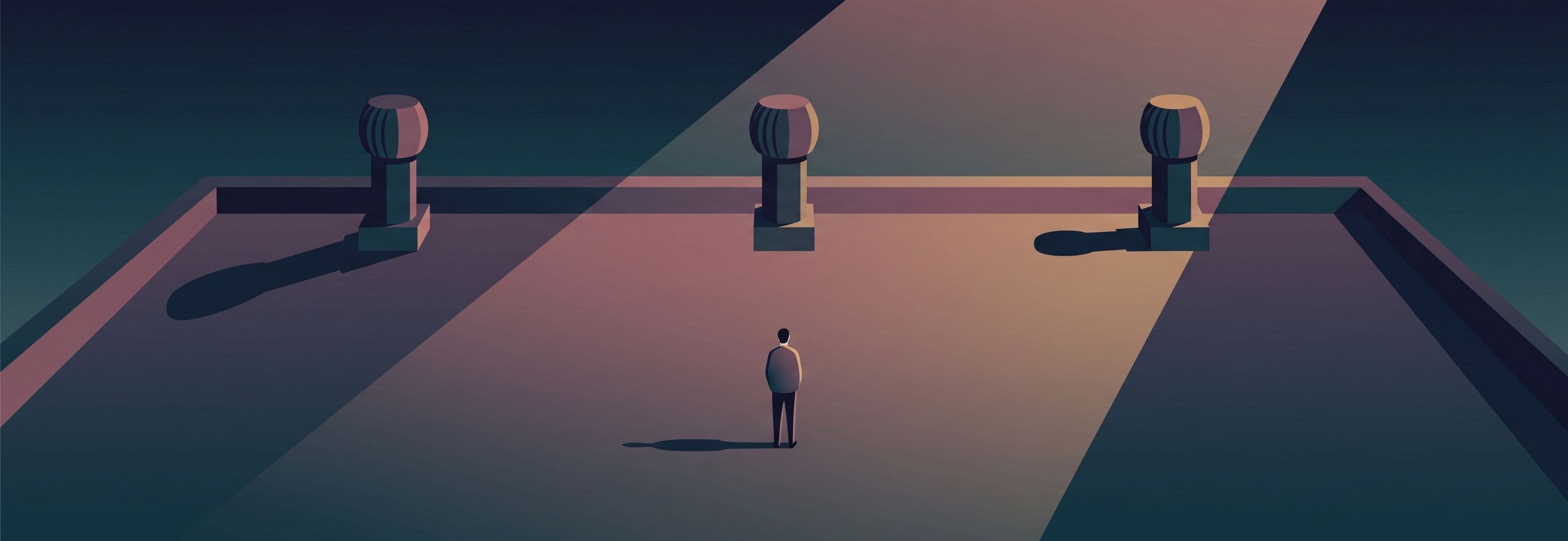 Person on rooftop between three identical vents. Two cast opposite shadows. One casts none.