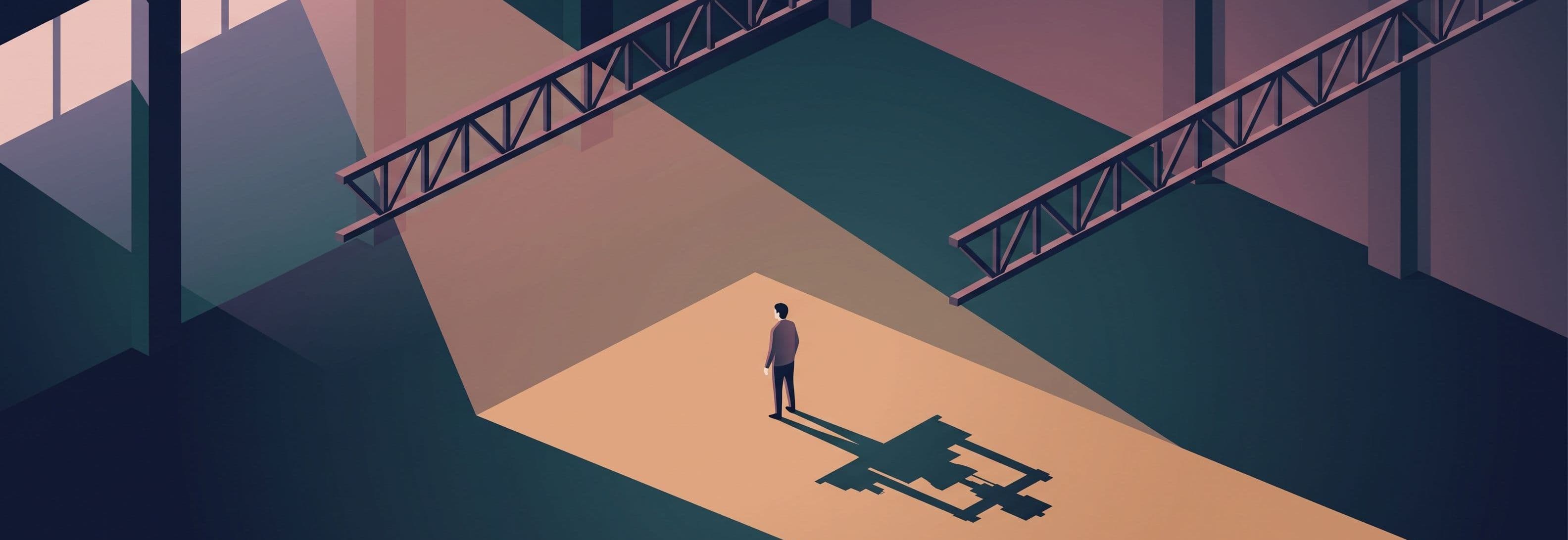 Solitary figure in empty warehouse beneath two identical steel trusses. Its shadow on the concrete floor is the shape of