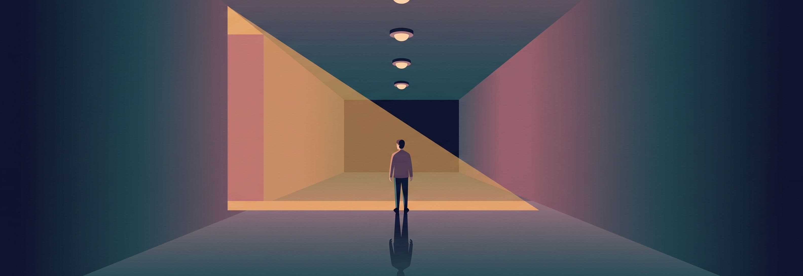 A person stands in a bare corridor under four identical ceiling lights. Their reflection on the floor faces a different
