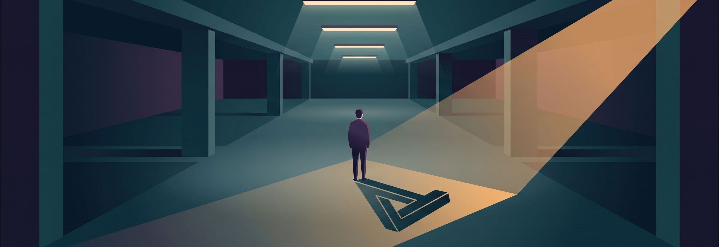 Solitary figure in empty concrete car park beneath four identical overhead lights. Their shadow on the floor shows an
