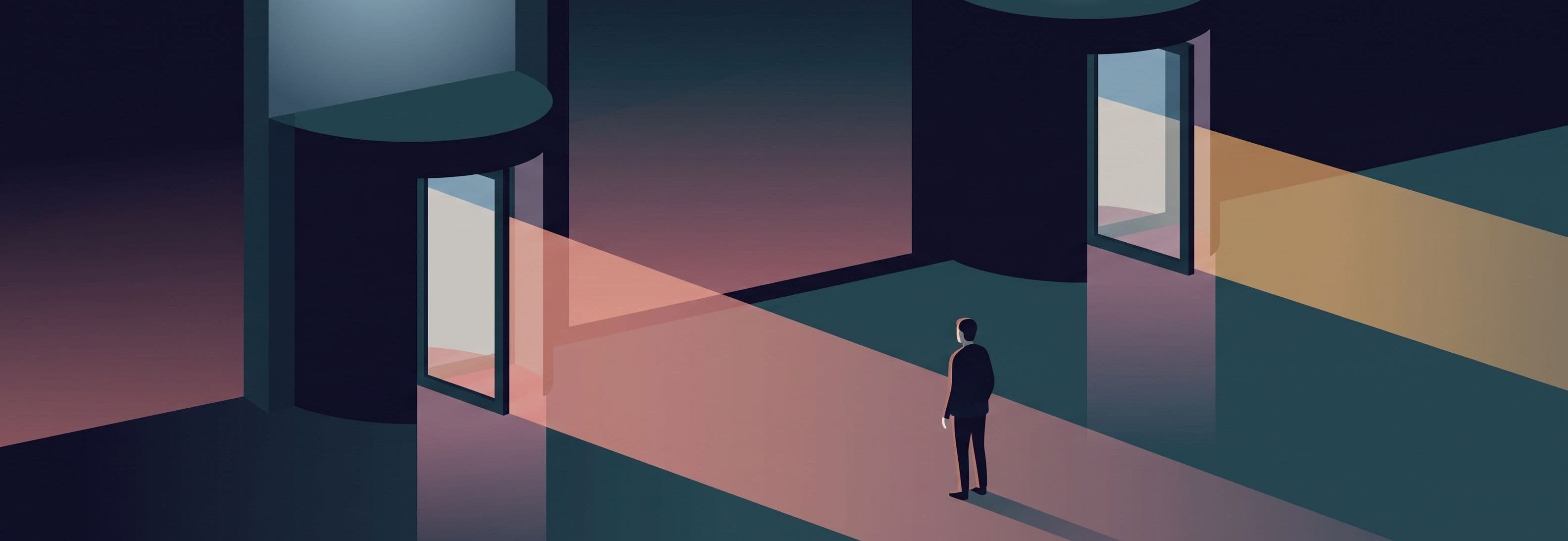 Lone figure in empty lobby at night between two identical revolving doors. Light passes through both doors as though they