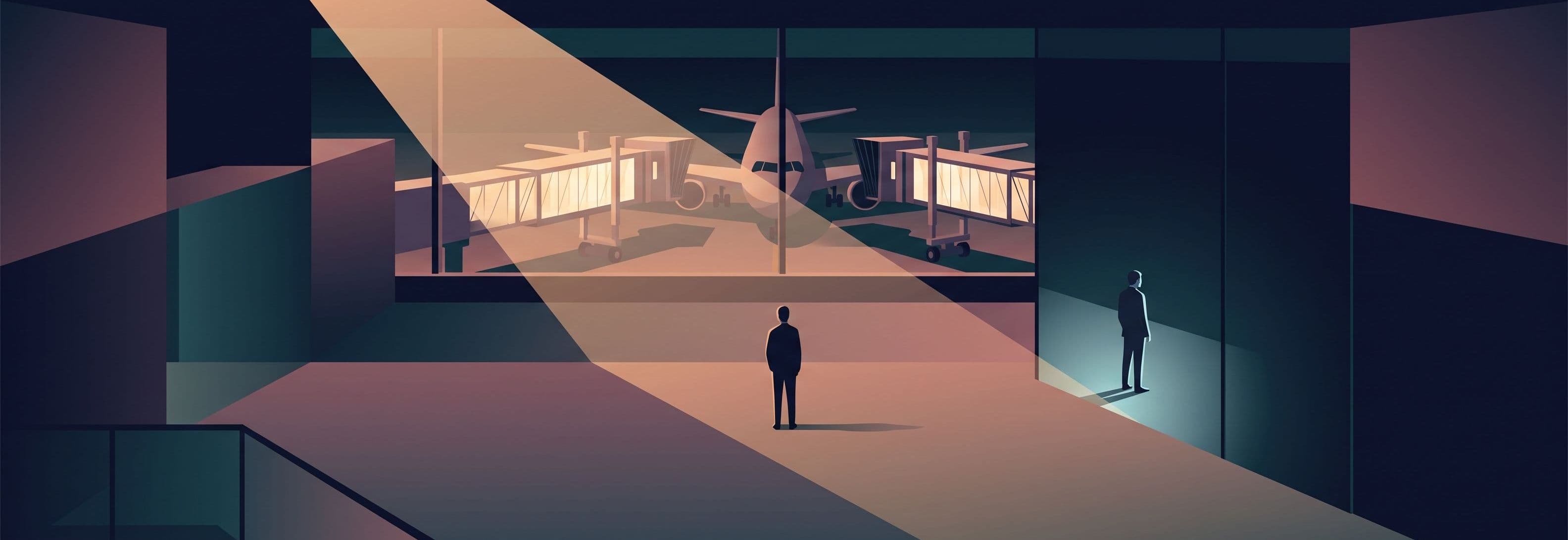Silhouetted figure in empty night gate lounge faces two identical jet bridges; reflection in glass stands turned away, facing