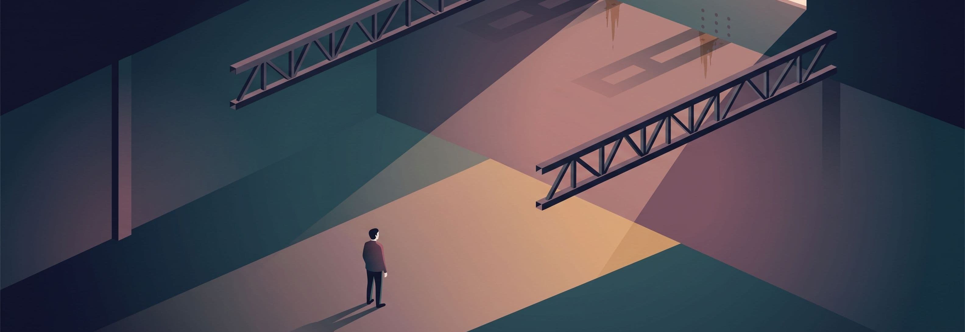 Lone figure in empty warehouse beneath two identical trusses. The ceiling shows bolt holes and shadows marking where more