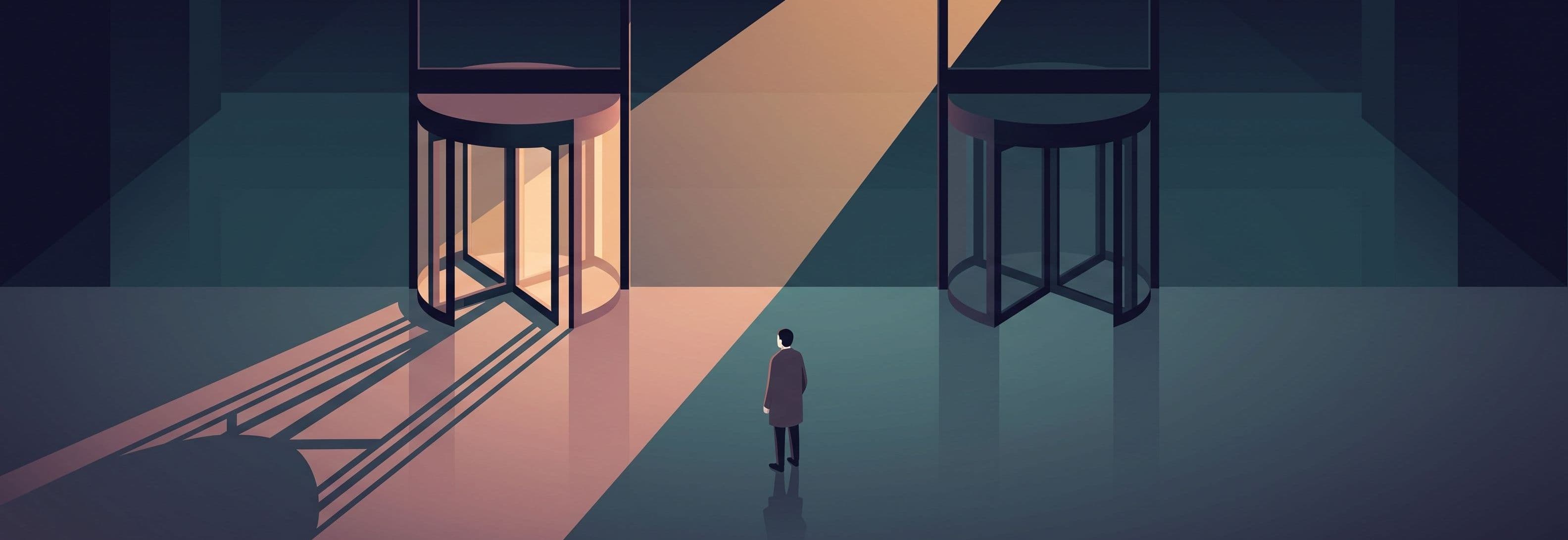 Empty hotel lobby at night. Small figure between two identical revolving doors. One throws sharp light and shadow. The other