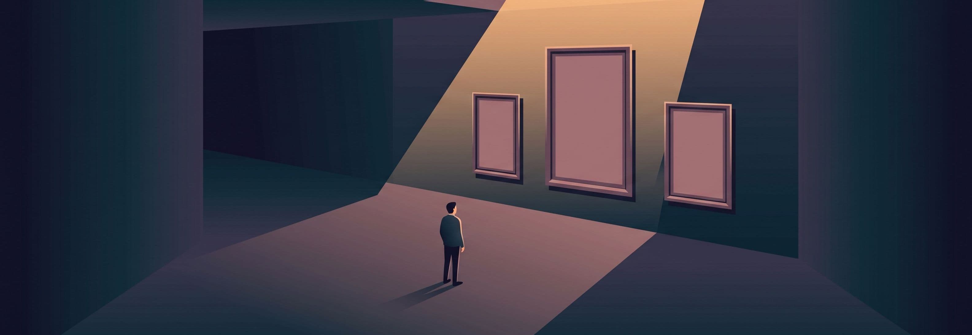 A lone figure faces three identical frames on a gallery wall. One frame towers twice the height of the others with no