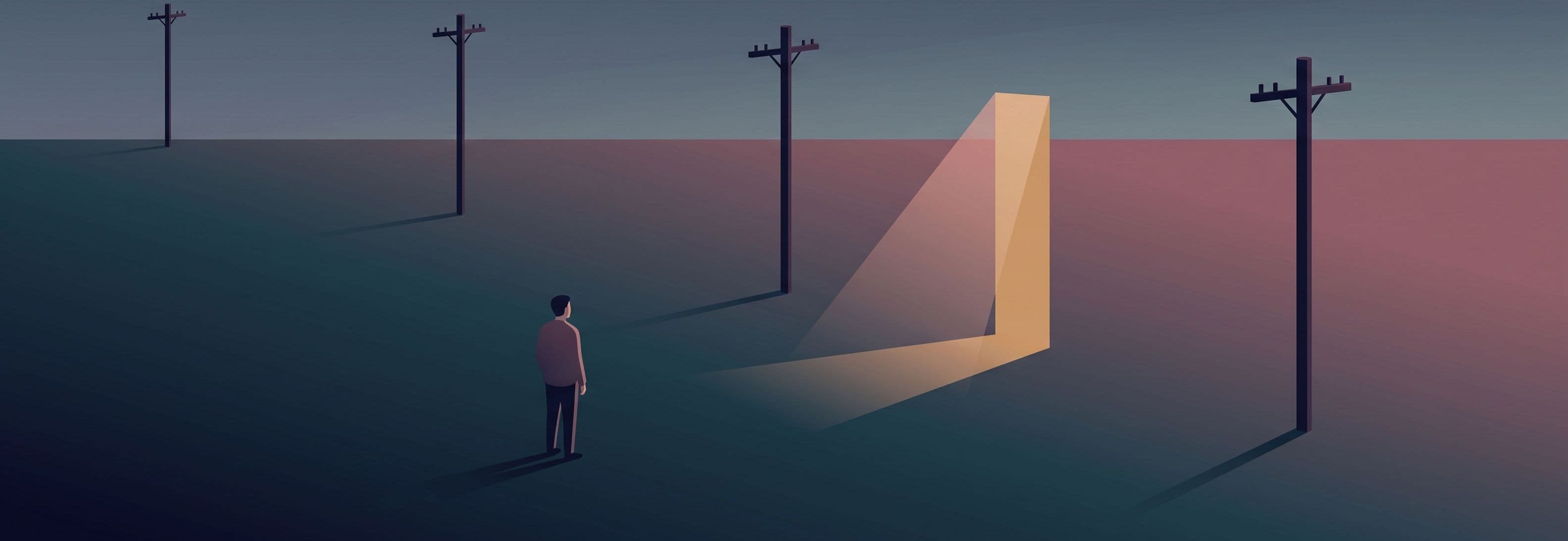Four telegraph poles in a row at dusk. One is missing. The empty space glows while the three present poles are dark.