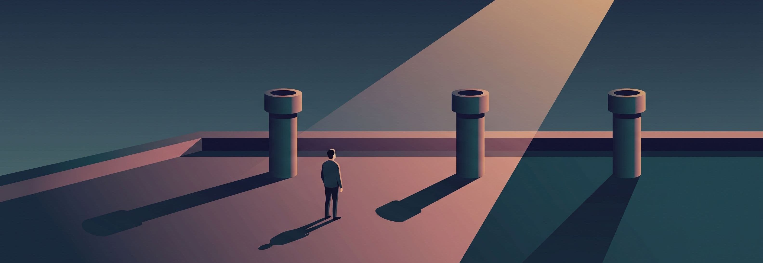 Figure on a rooftop at dusk with three identical ventilation stacks. Each casts a different shadow despite being identical
