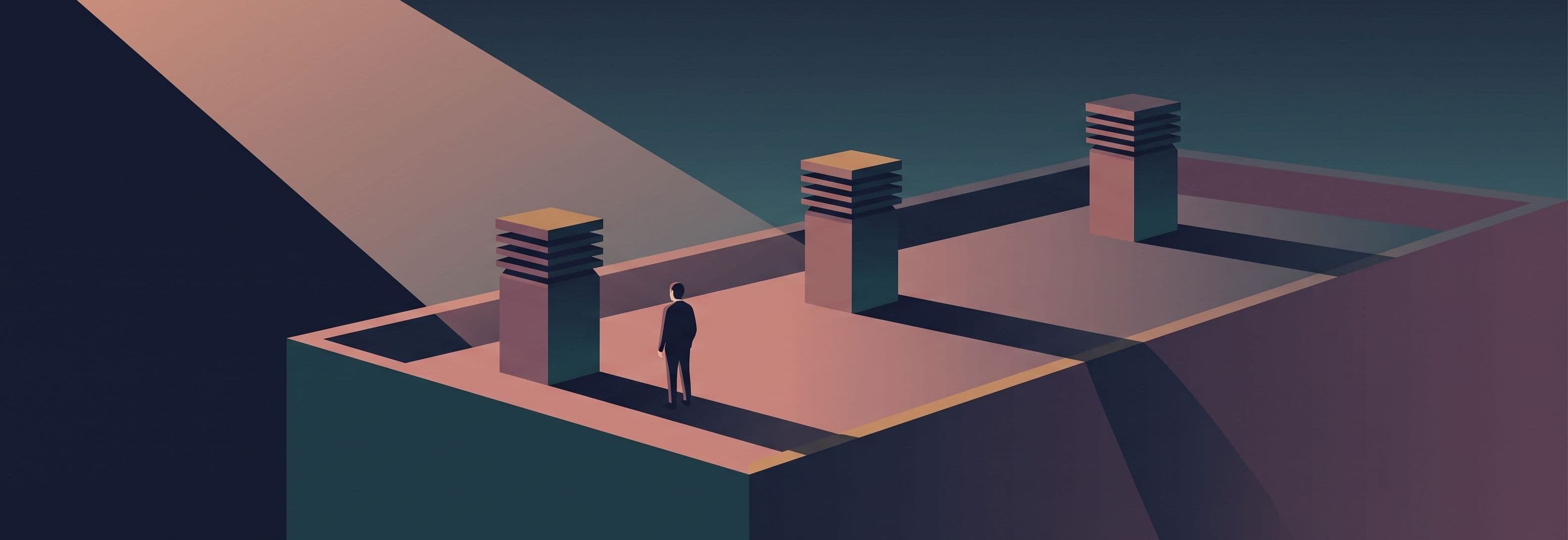Figure on rooftop with three identical stacks. Shadow from one stack passes through the parapet wall as if solid matter were