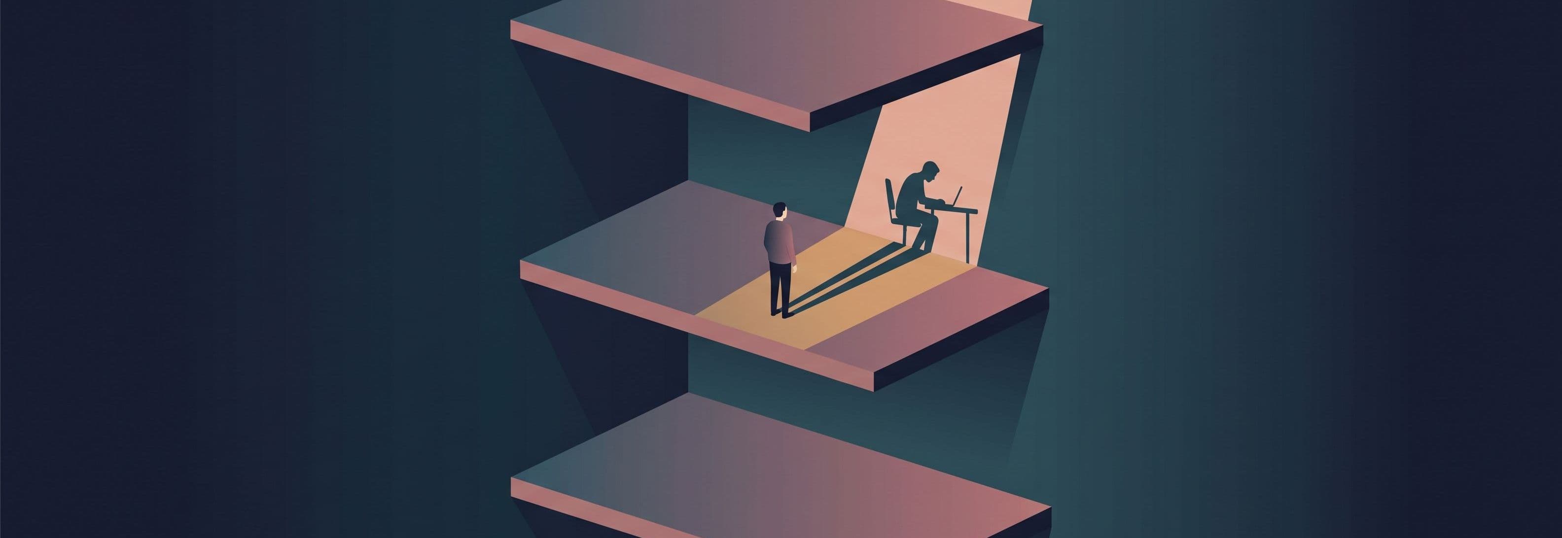 A person stands in a bare concrete stairwell between three identical landings. Their shadow on the wall shows them sitting at