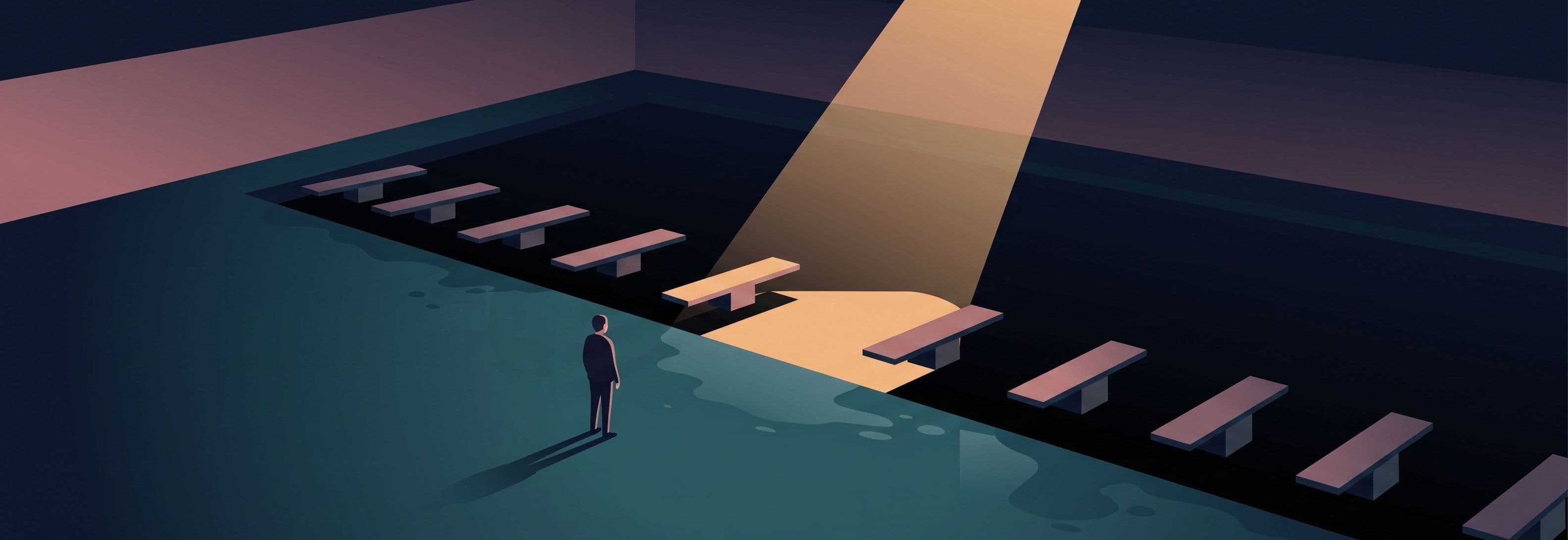 Empty pool hall at night. Figure stands before a row of diving boards. One board is missing from the sequence; the gap is