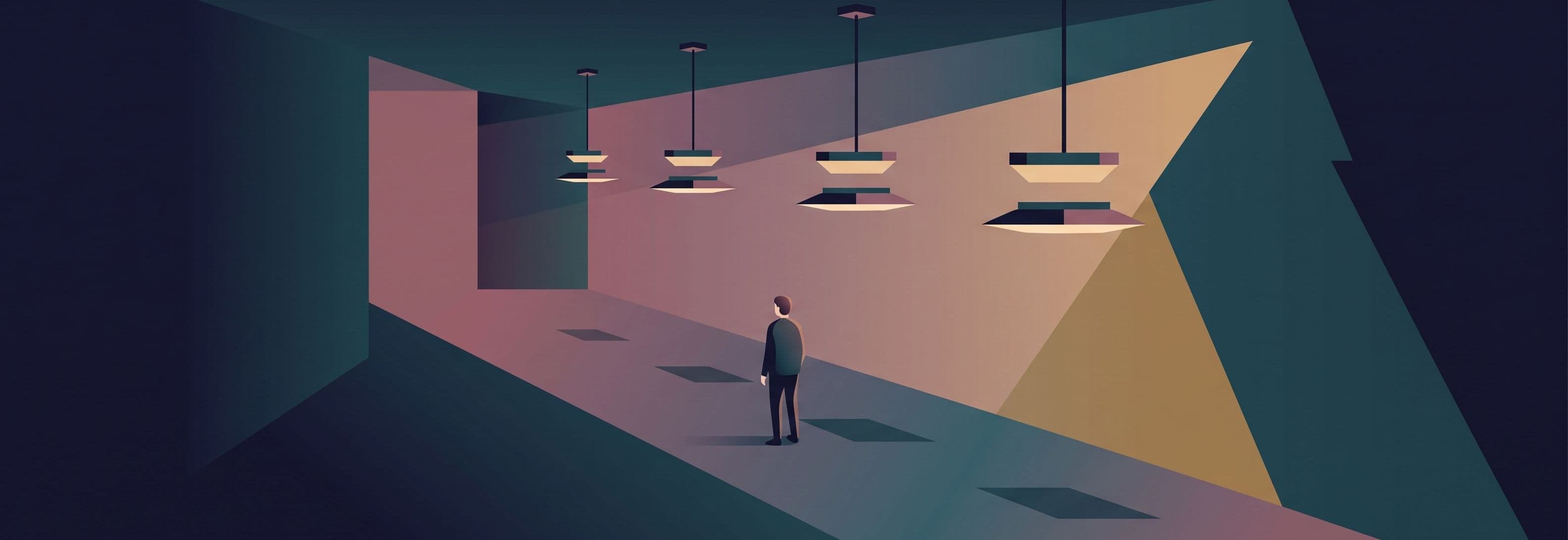 A solitary figure in a bare corridor beneath four evenly spaced ceiling lights that float above their fixtures while their