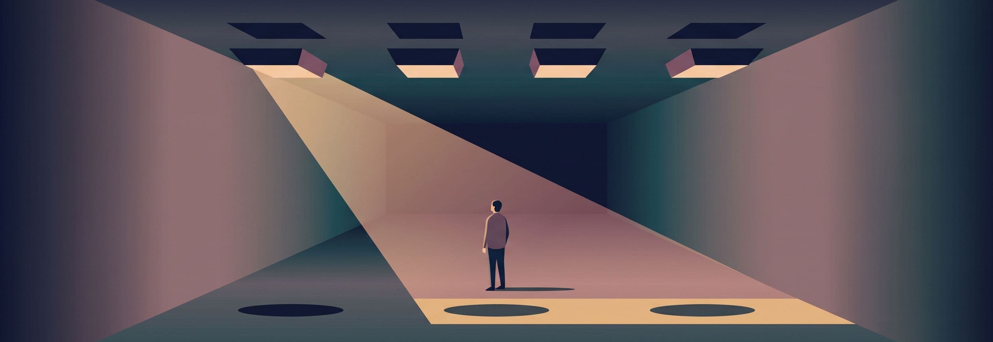 A lone figure in an empty corridor beneath four identical ceiling lights that float above the ceiling, their shadows pinned