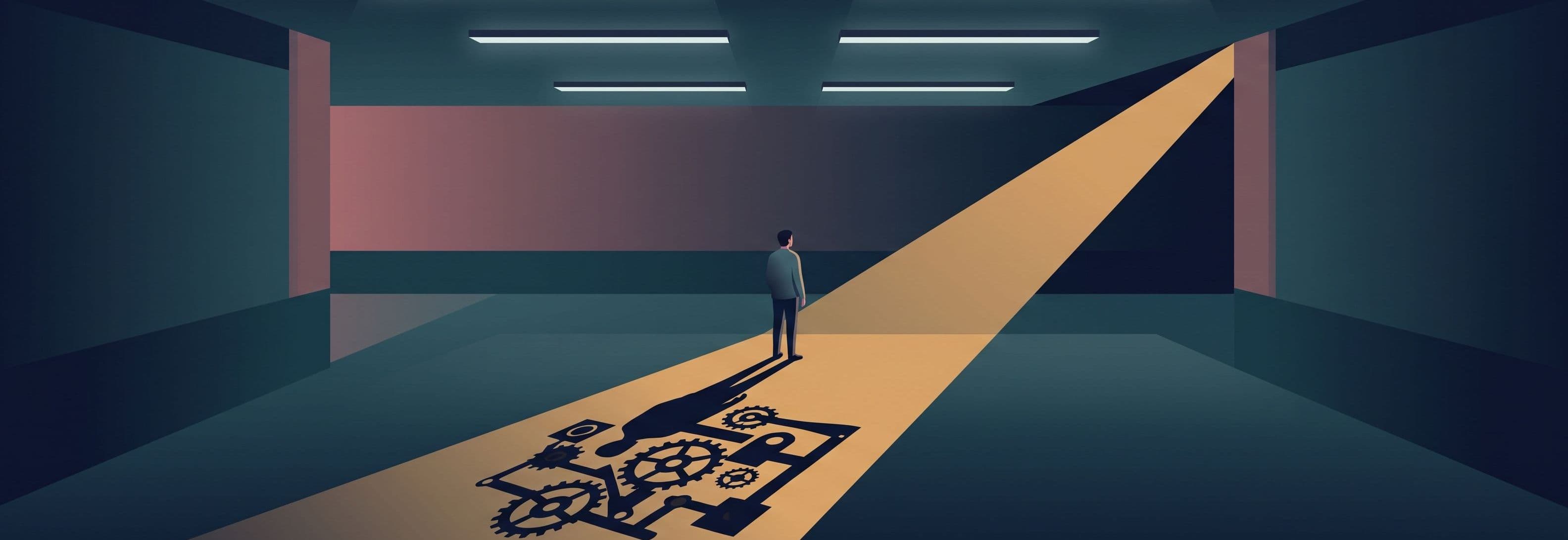 Figure in empty concrete garage beneath four identical strip lights. Its shadow on the floor is the shape of a machine, not a