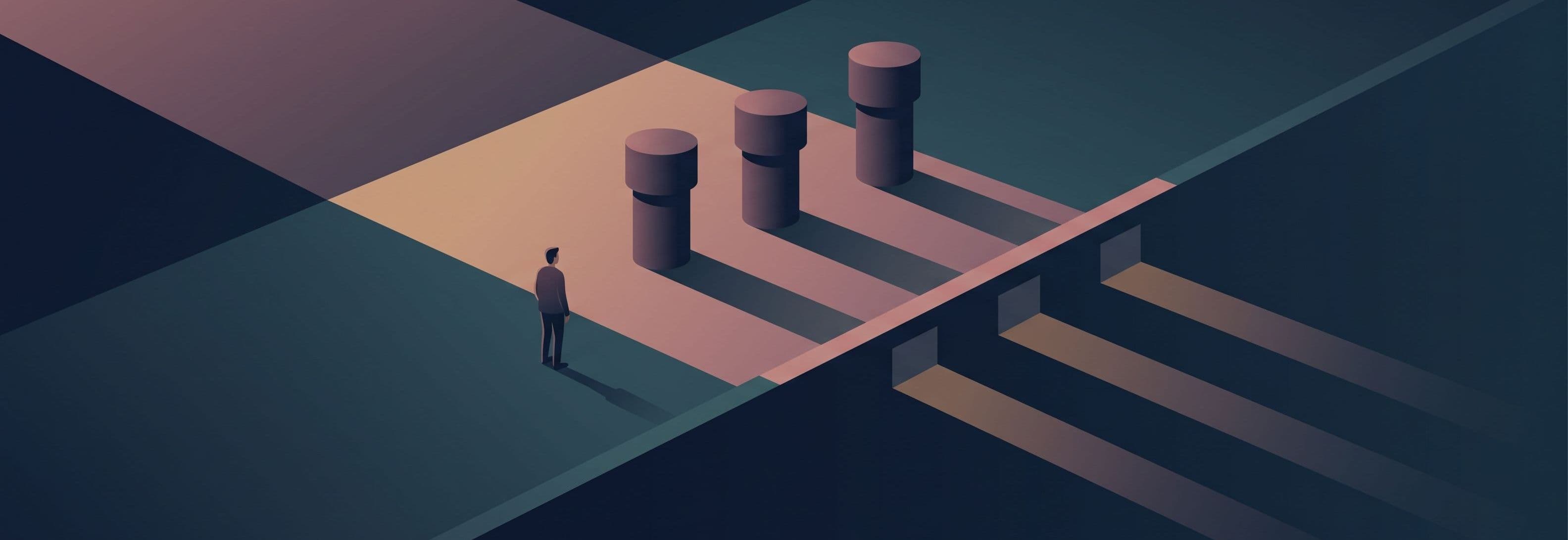 Figure on rooftop at dusk. Three identical ventilation stacks cast shadows that pass through a solid parapet wall as if it