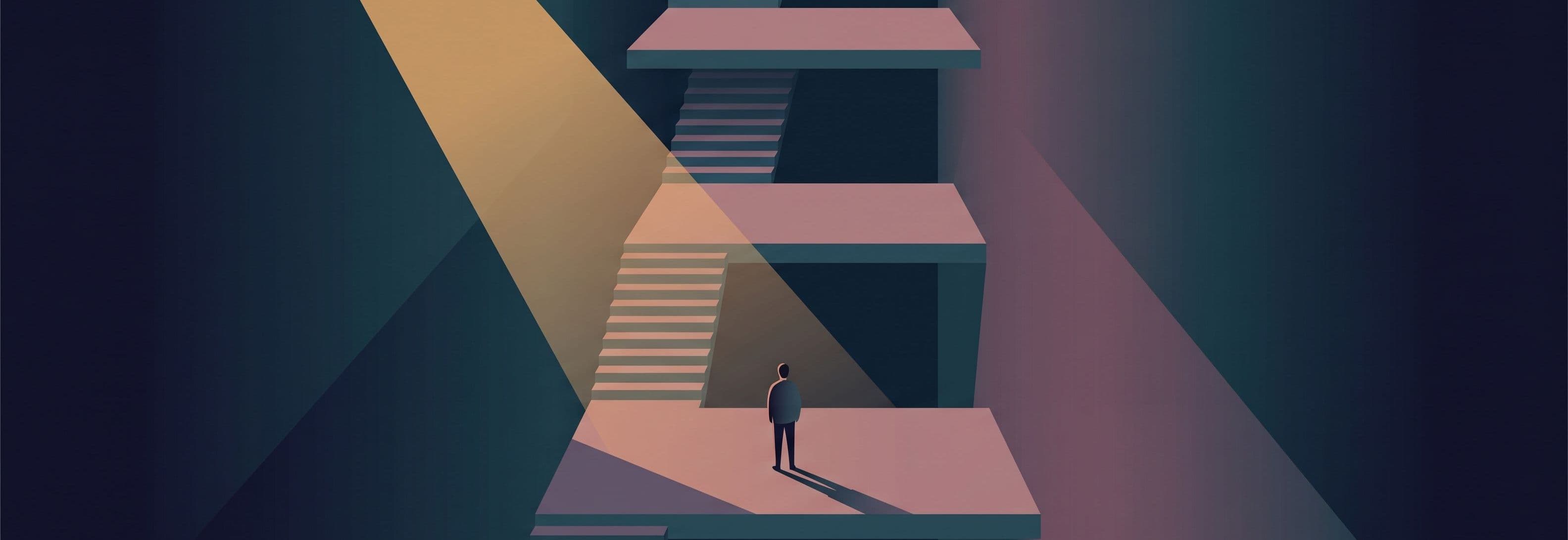One figure on the first of three identical landings in a bare concrete stairwell. Two landings above stand empty and unused.