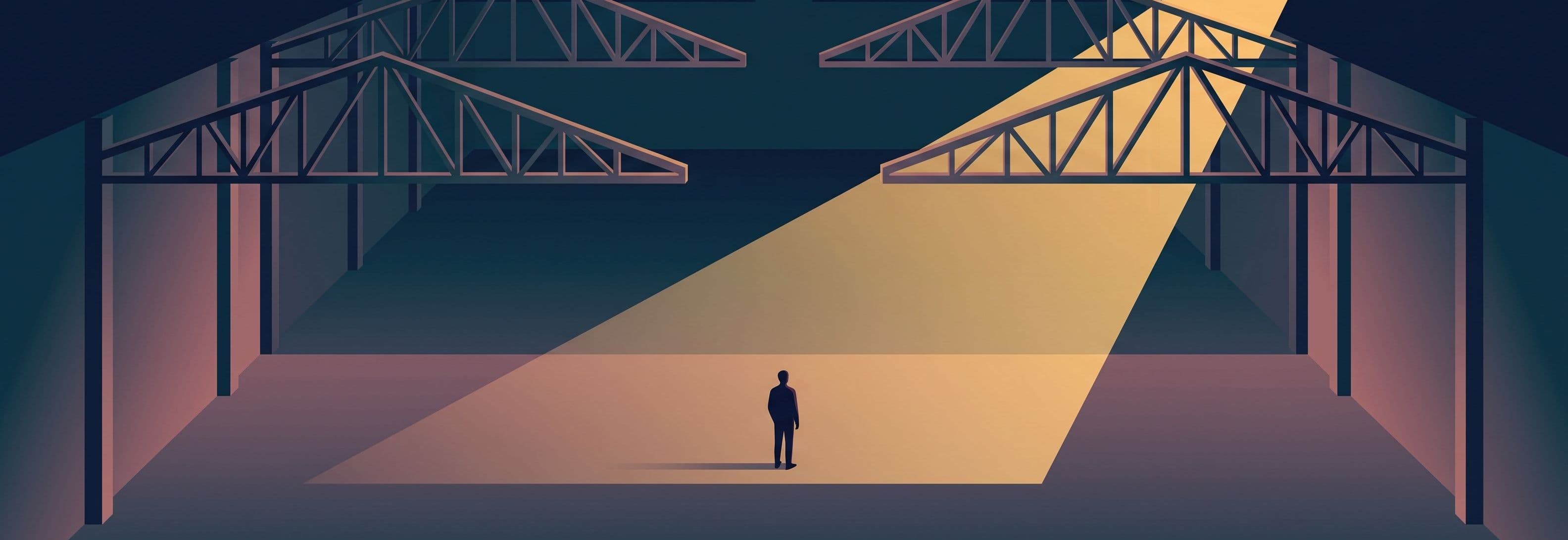 Single figure in empty warehouse below two identical steel trusses spaced as if part of a longer row that ends abruptly.