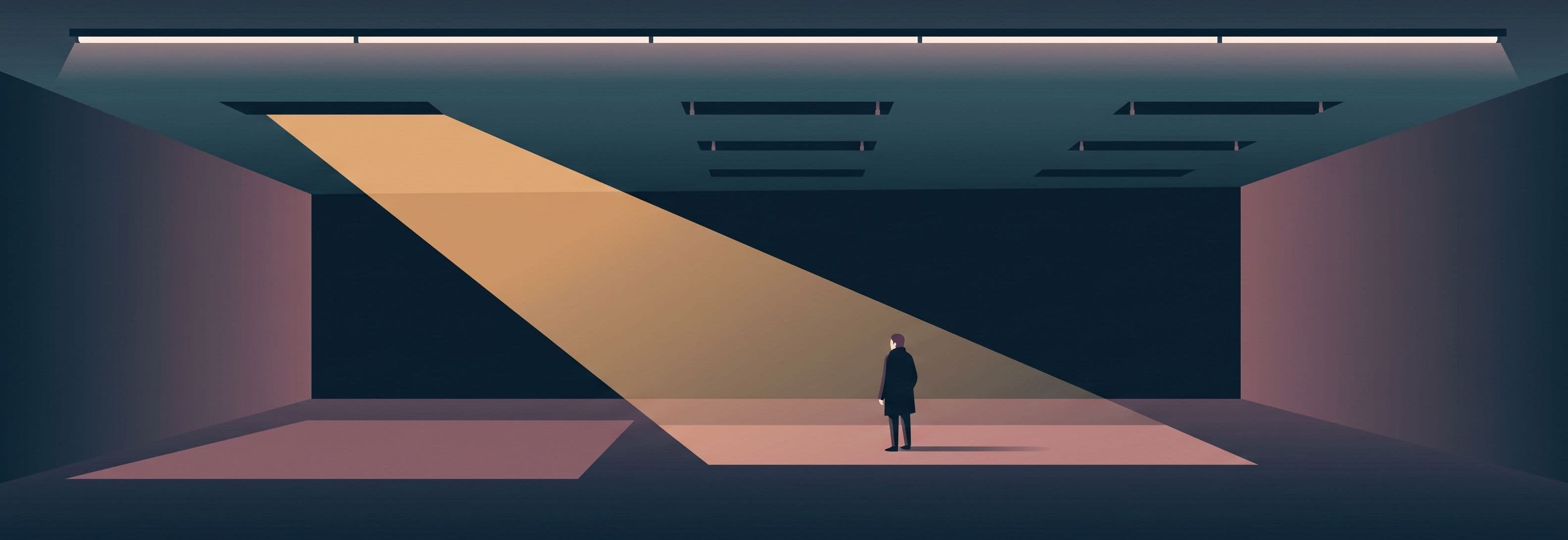 Lone figure in empty car park beneath a single strip light. Three matching fixtures are missing from their ceiling mounts
