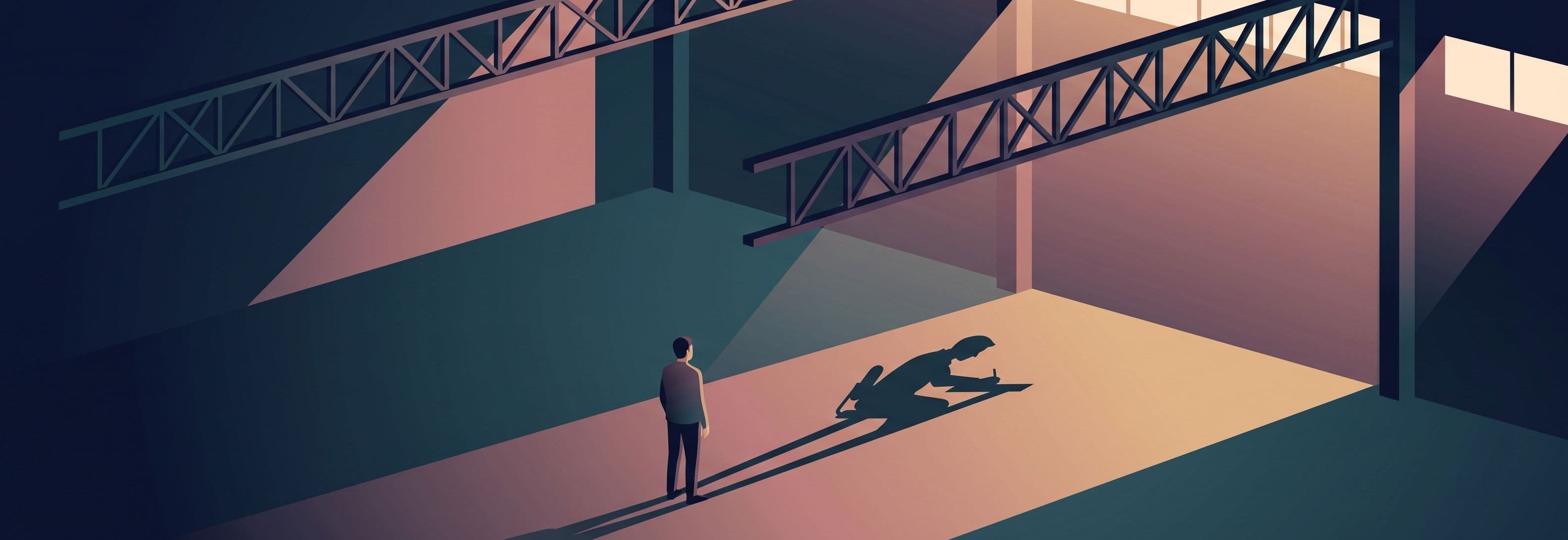 Lone figure in empty warehouse. Two identical steel trusses overhead. Figure's shadow shows someone working at a desk.