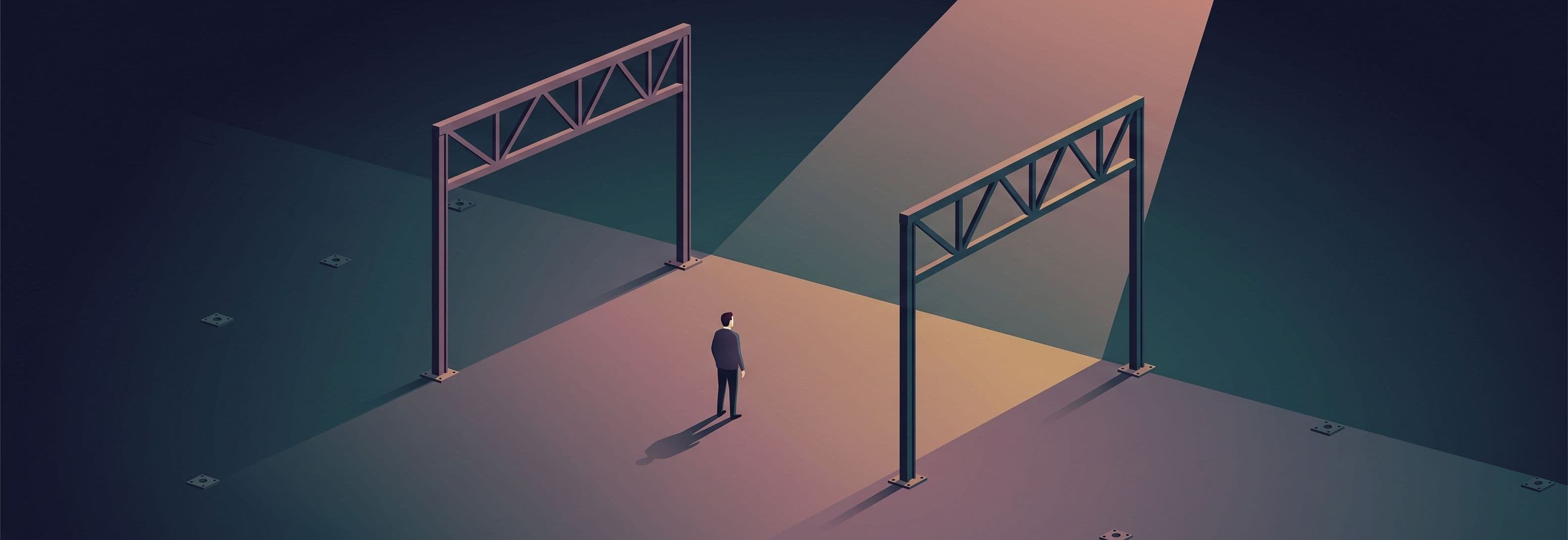 Lone figure in empty warehouse between two identical steel trusses with visible empty anchor points where more should stand.