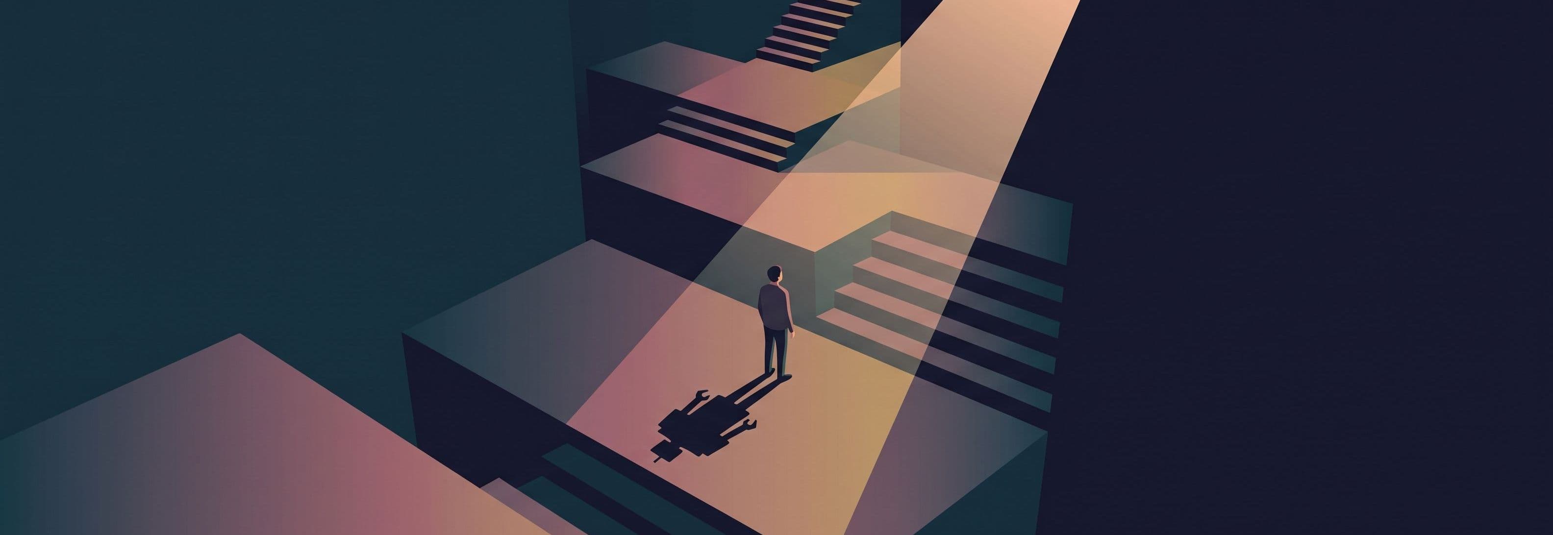 A solitary figure on a concrete stairwell casts the shadow of machinery instead of a body.