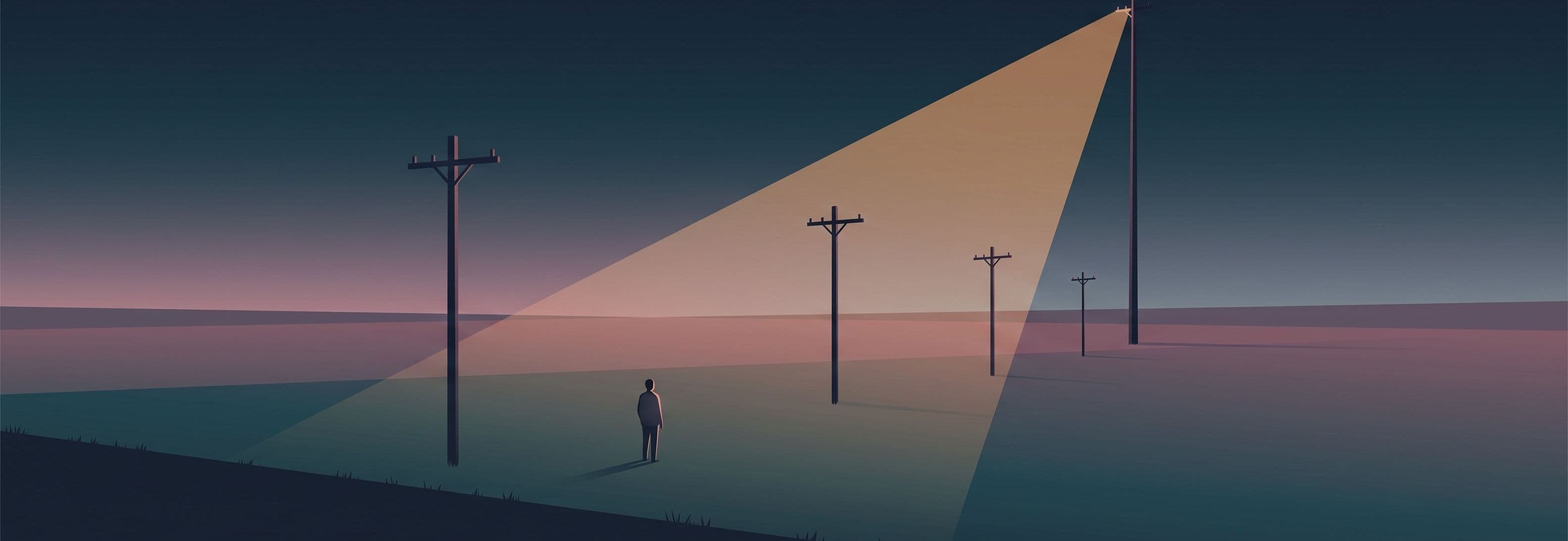 A lone figure stands in an empty field at dusk facing four telegraph poles receding into distance. The farthest pole is