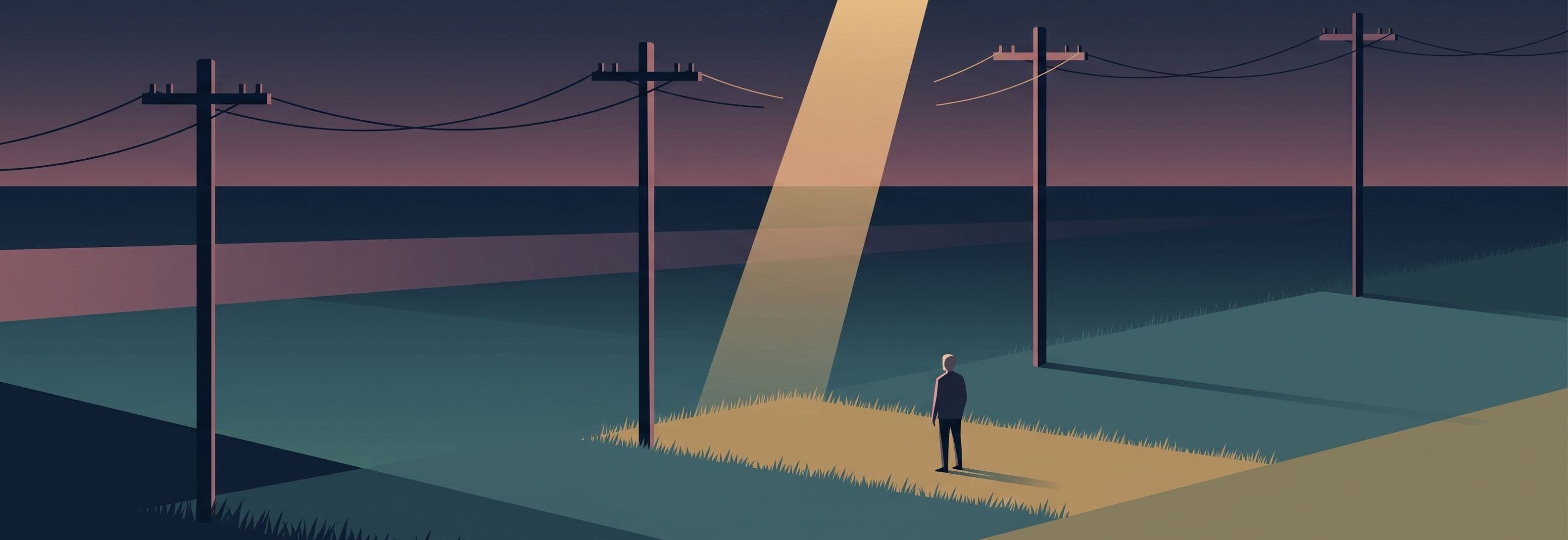 Four telegraph poles in a darkening field. The gap where one should stand glows while the poles present fade to shadow.