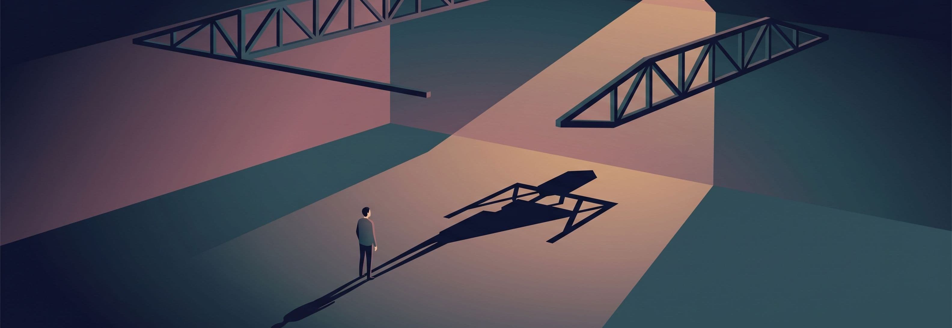 A lone figure stands in an empty warehouse beneath two identical steel trusses. Its shadow on the concrete floor is the shape