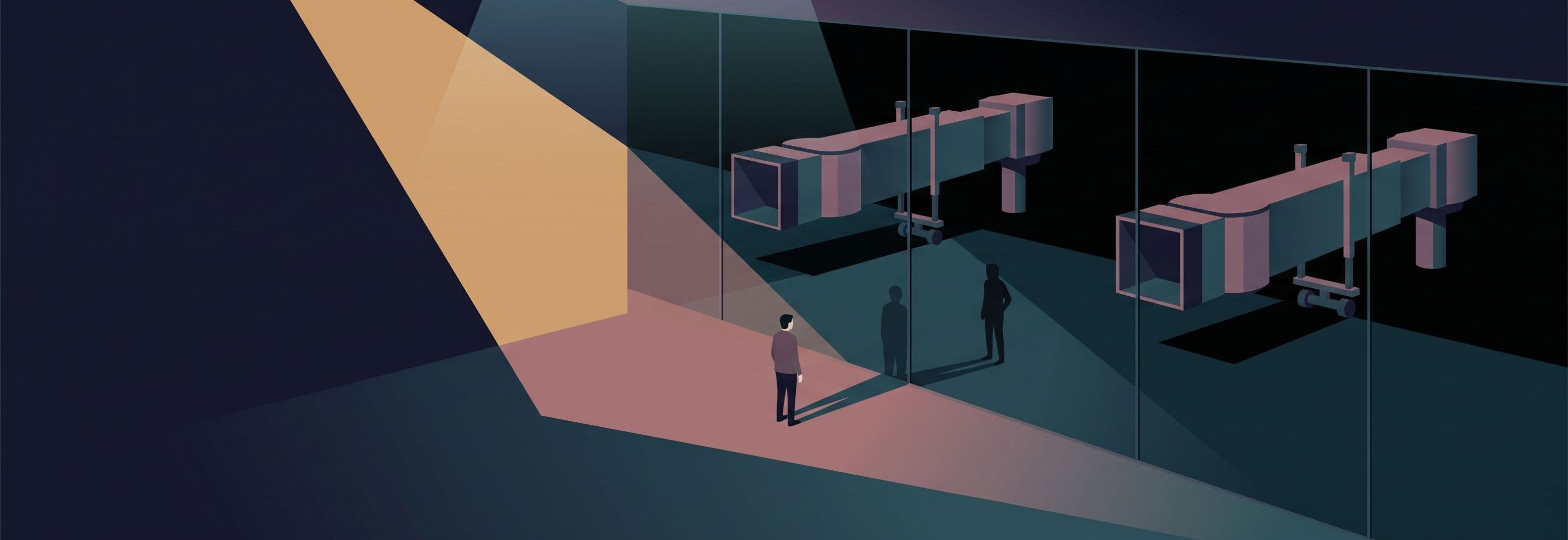 Solitary figure faces dark glass at night. Two identical jet bridges visible beyond. Figure's reflection stands differently
