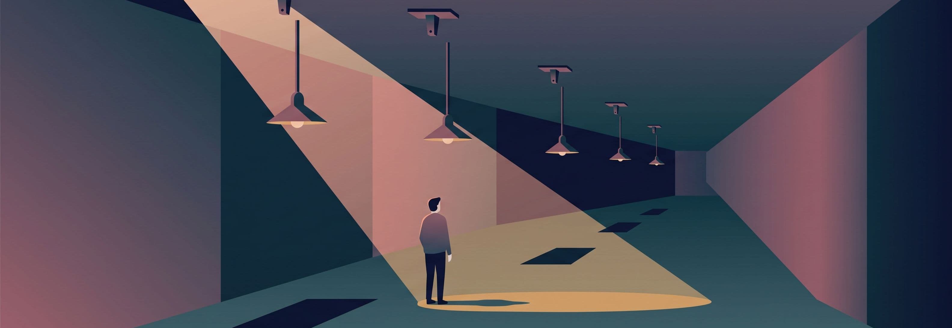 Figure in empty corridor beneath four ceiling lights that float above their own shadows on the floor.