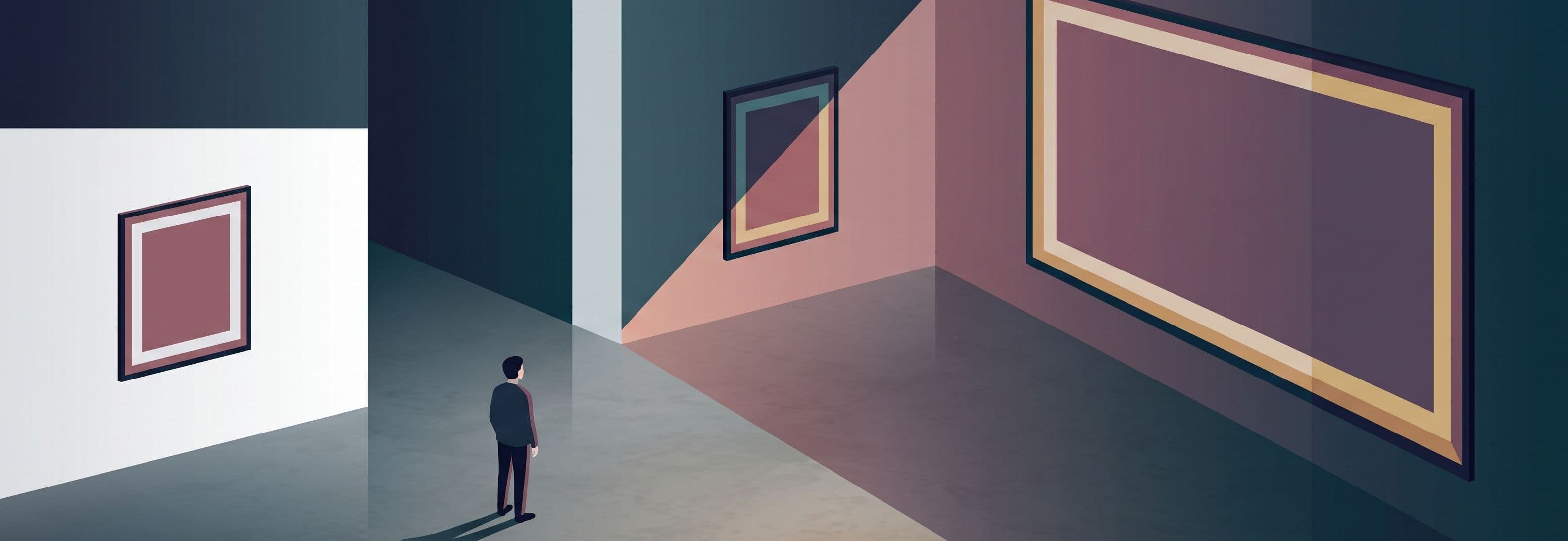 A lone figure in an empty gallery faces three identical picture frames, the farthest one inexplicably enormous.