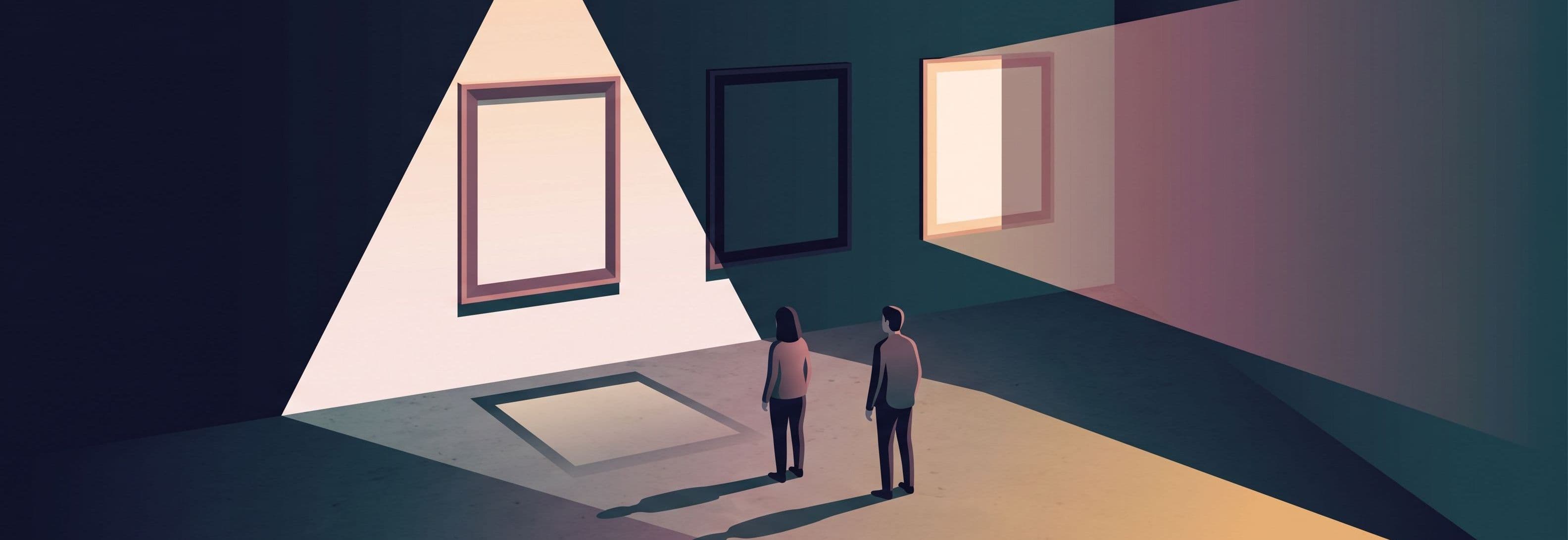 Figure in empty gallery facing three identical frames in a row. The gap where a fourth frame belongs is brightly lit while