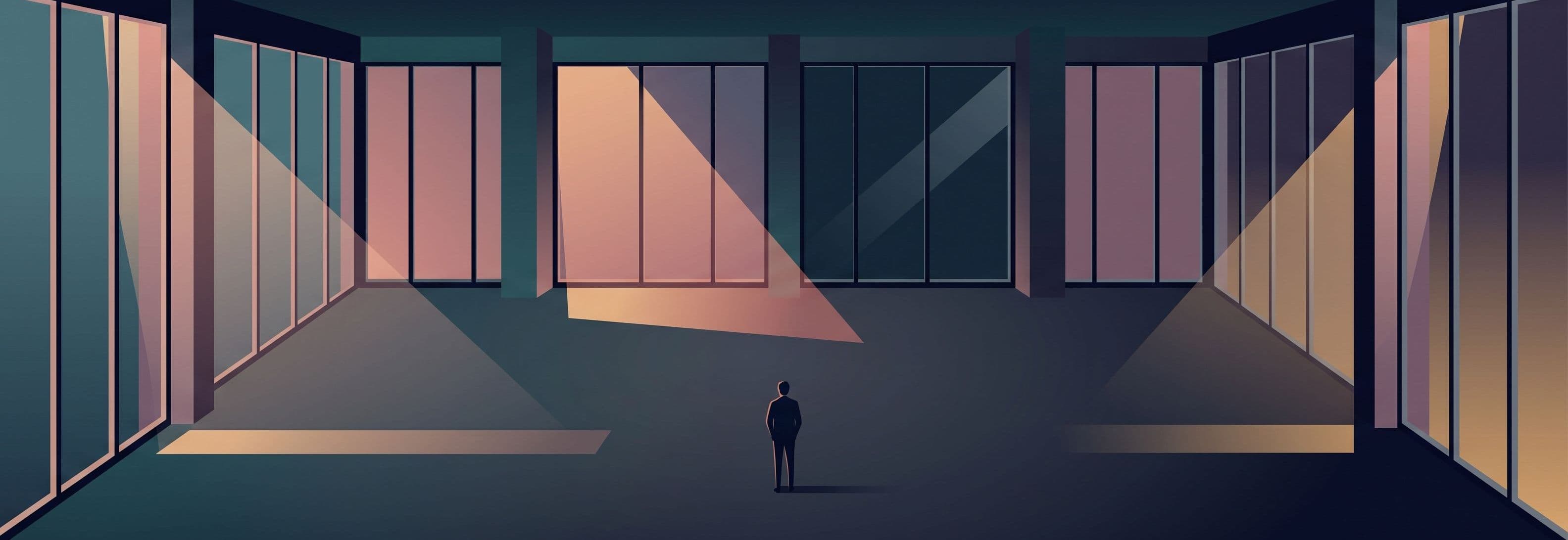 Figure in empty office facing four identical window bays that cast light at conflicting angles and intensities.