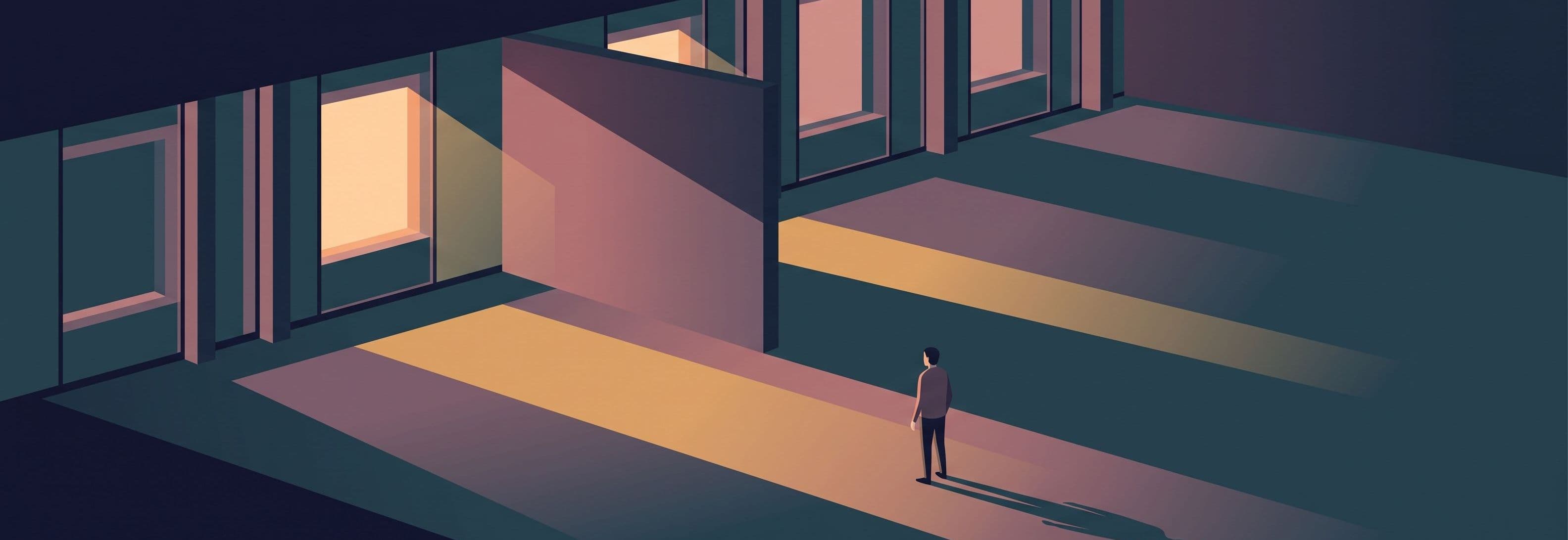Sunlight passes through a wall as if solid. A lone figure watches from the empty floor below.