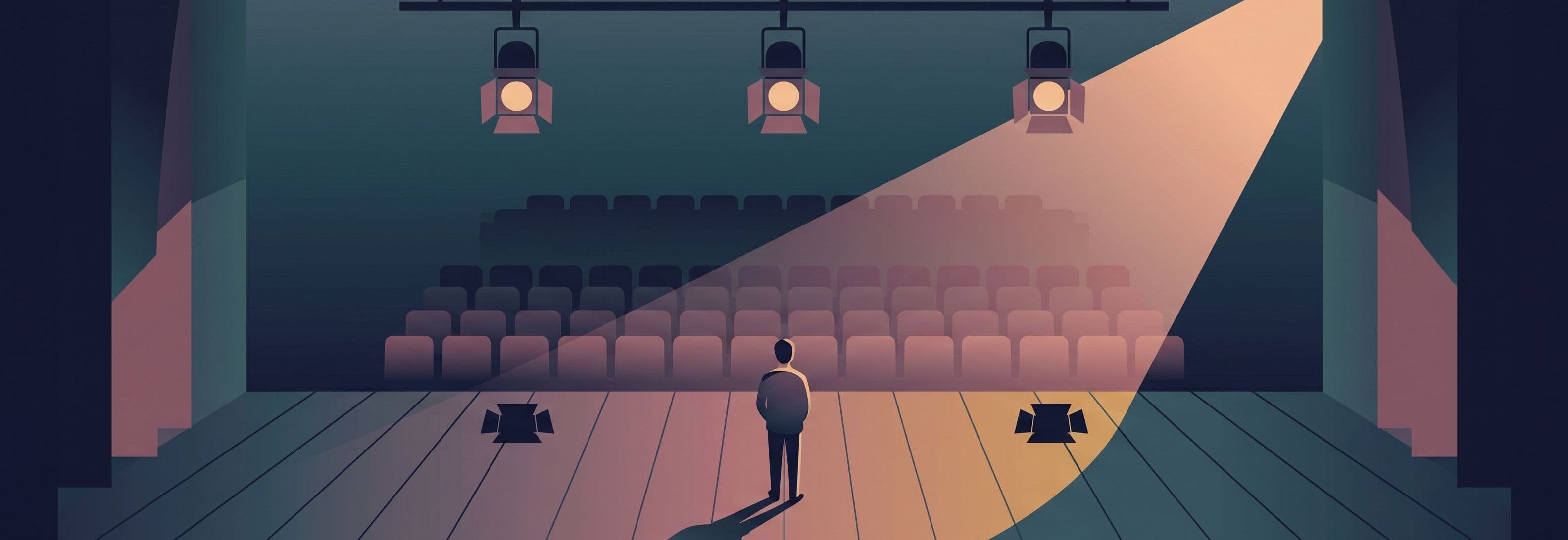 Figure on empty stage beneath three suspended lights whose shadows remain on the ground below where the lights no longer