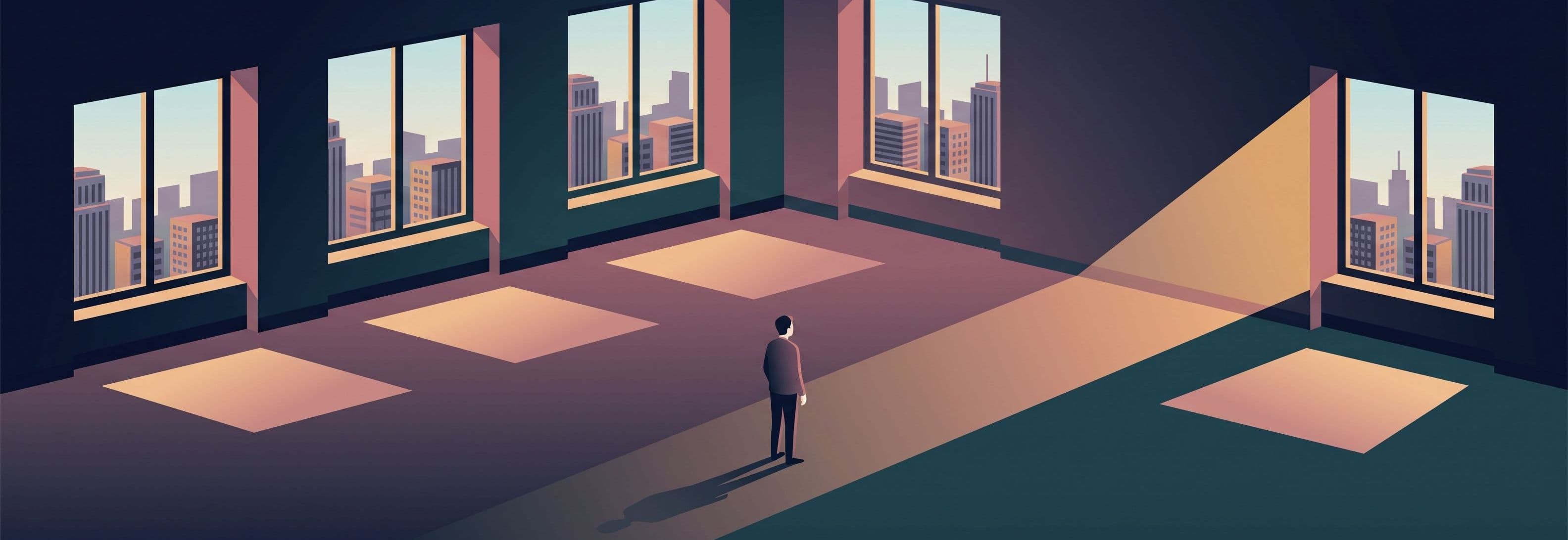Figure in empty office. Light from four identical windows; the fourth window's beam passes through the solid wall beyond it.