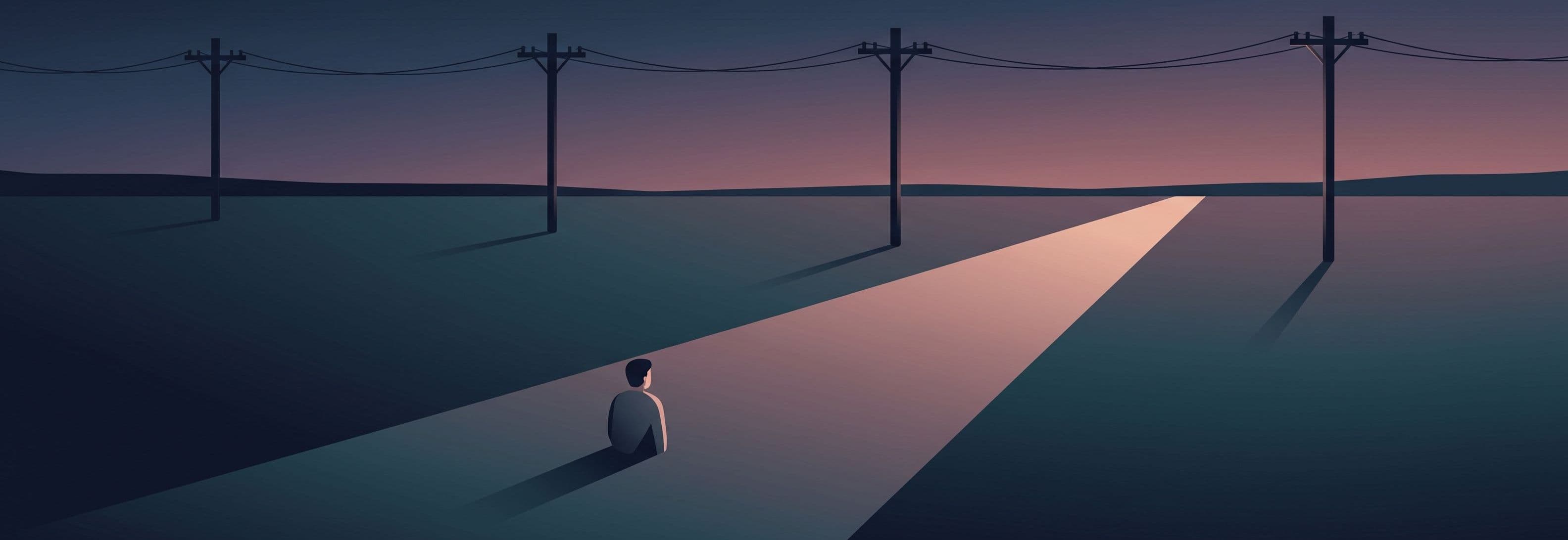 Four telegraph poles in shadow across a darkening field. The fourth is missing. Its empty space glows while the three present